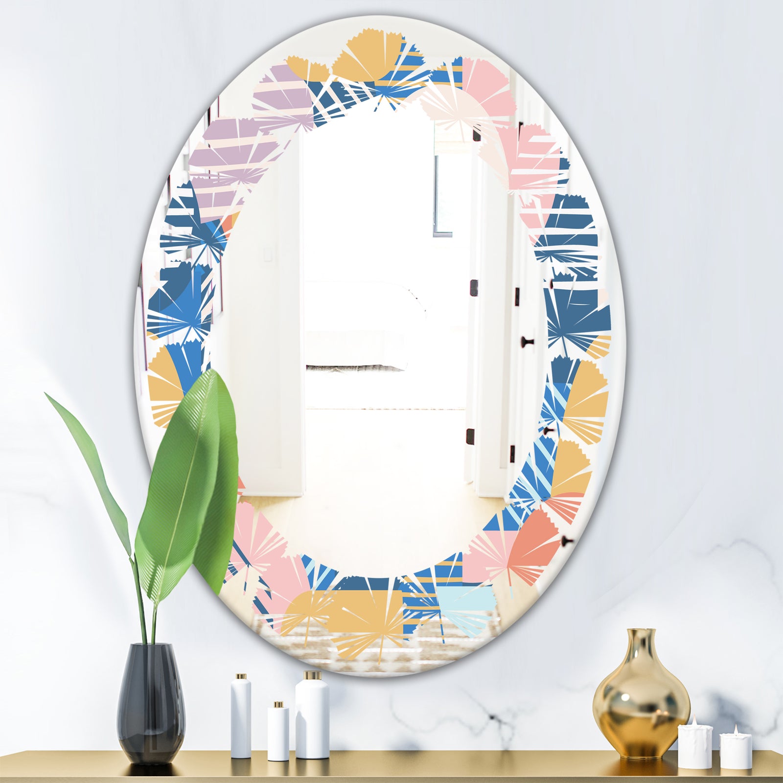 Trendy Contemporary Geometry Shapes Pattern - Modern Round or Oval Wall Mirror - Leaves