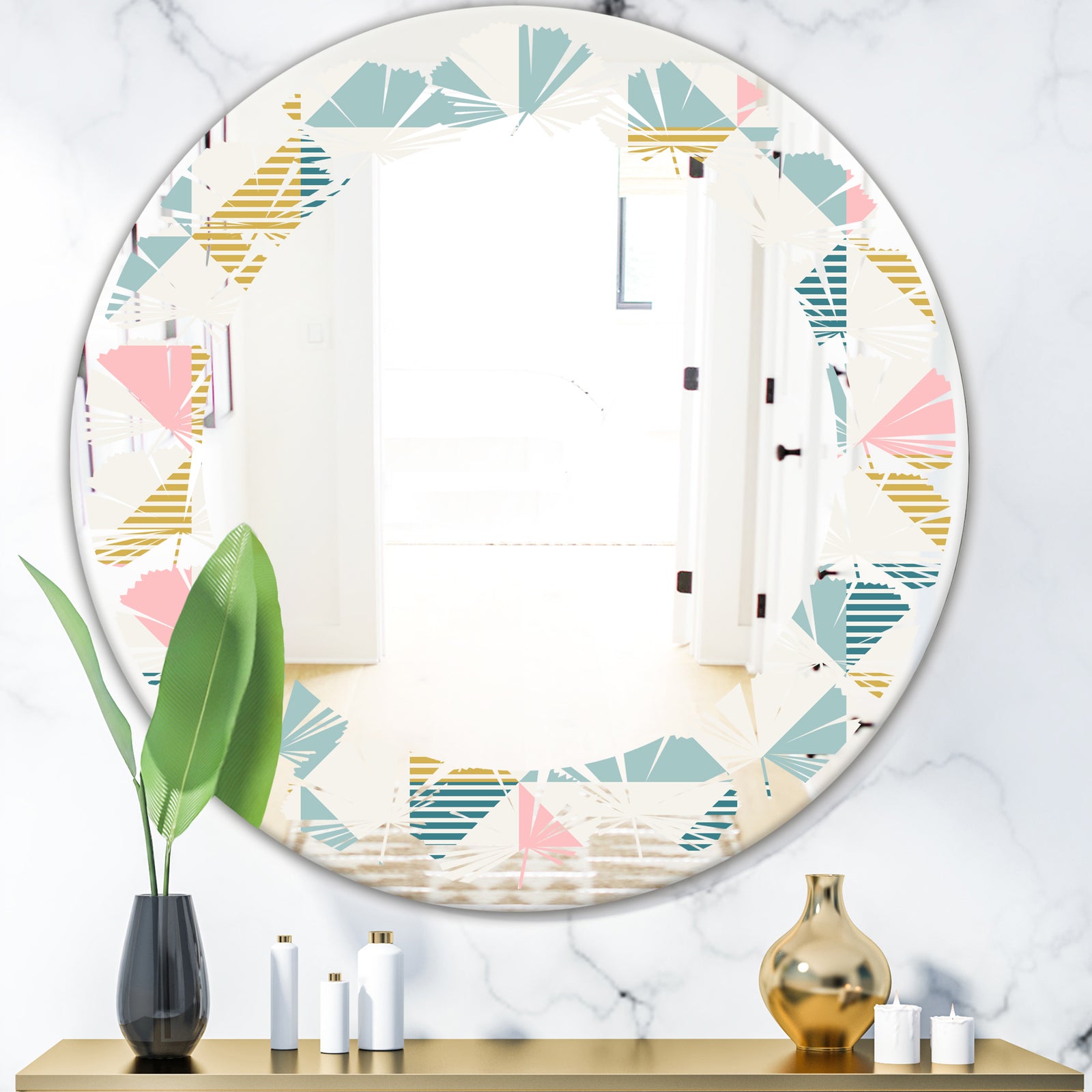 Diamond Retro I - Modern Round or Oval Wall Mirror - Leaves