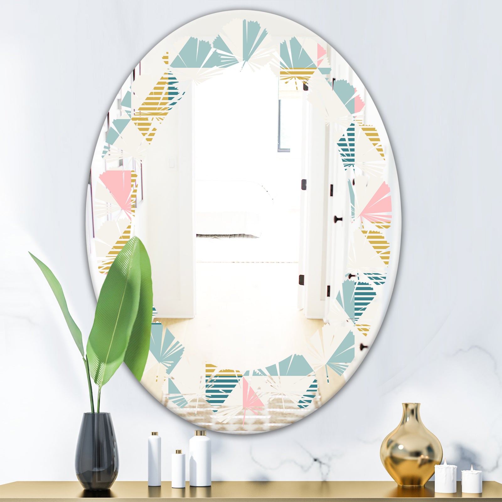 Diamond Retro I - Modern Round or Oval Wall Mirror - Leaves