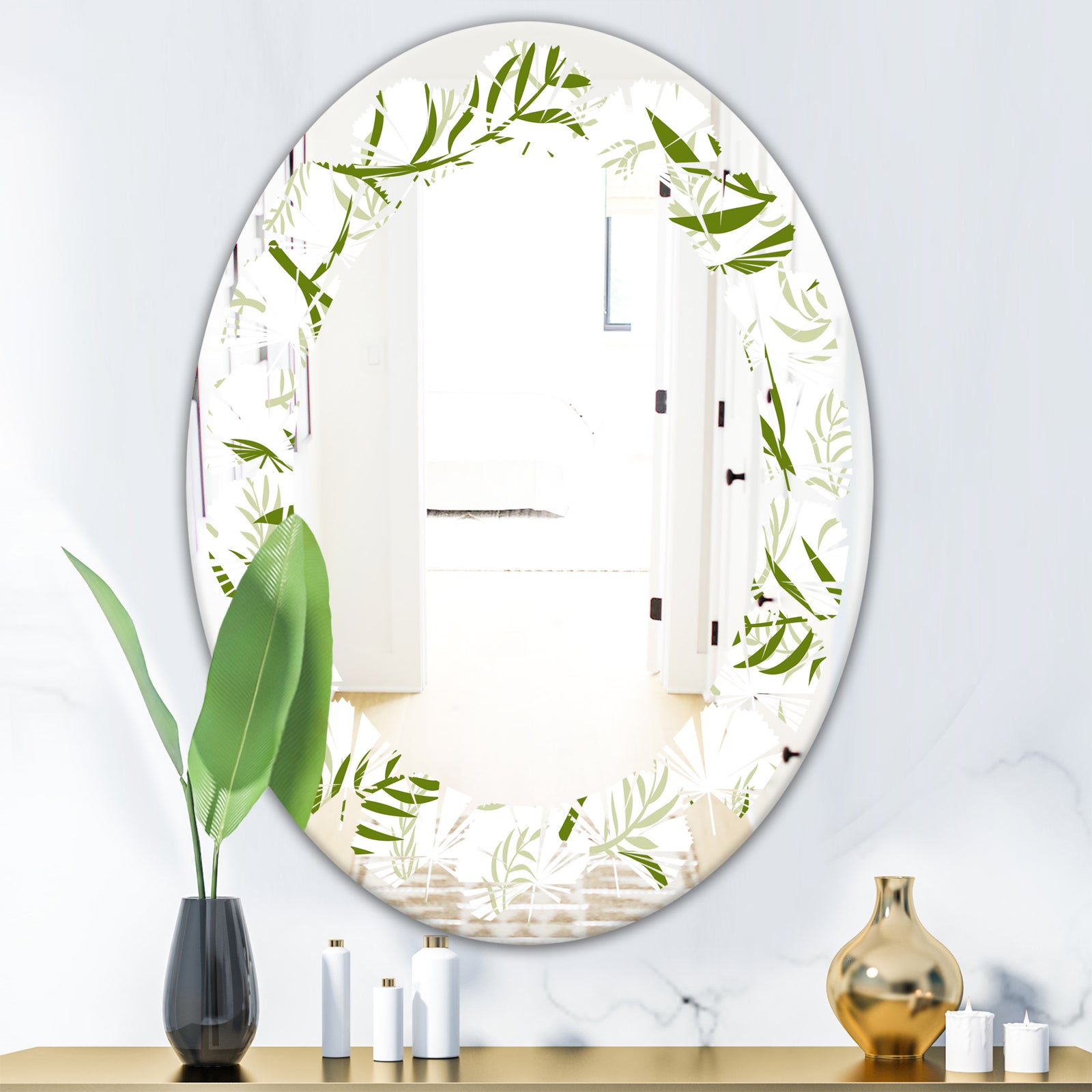 Tropical Botanicals I - Modern Round or Oval Wall Mirror - Leaves