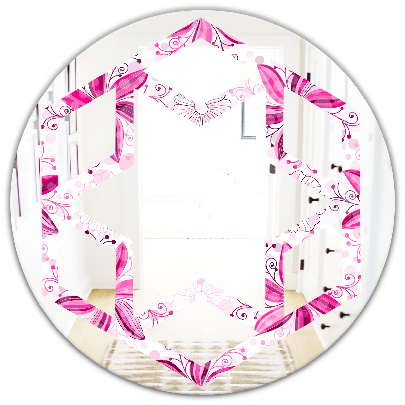 Retro Floral Pattern XII - Modern Round or Oval Wall Mirror - Hexagon Star