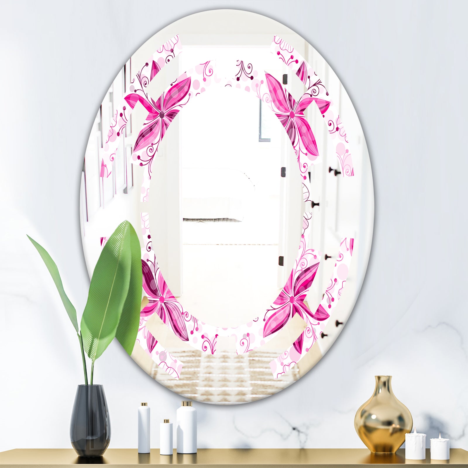Retro Floral Pattern XII - Modern Round or Oval Wall Mirror - Space