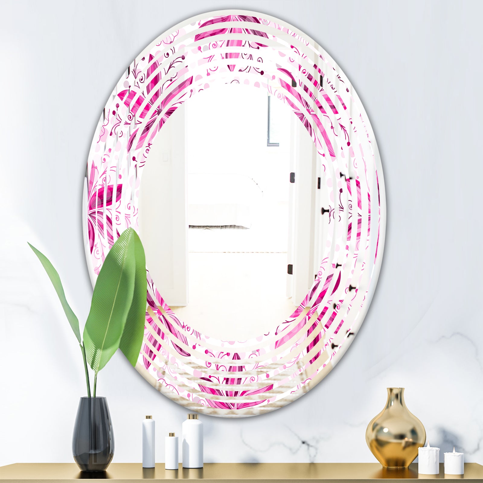 Retro Floral Pattern XII - Modern Round or Oval Wall Mirror - Wave