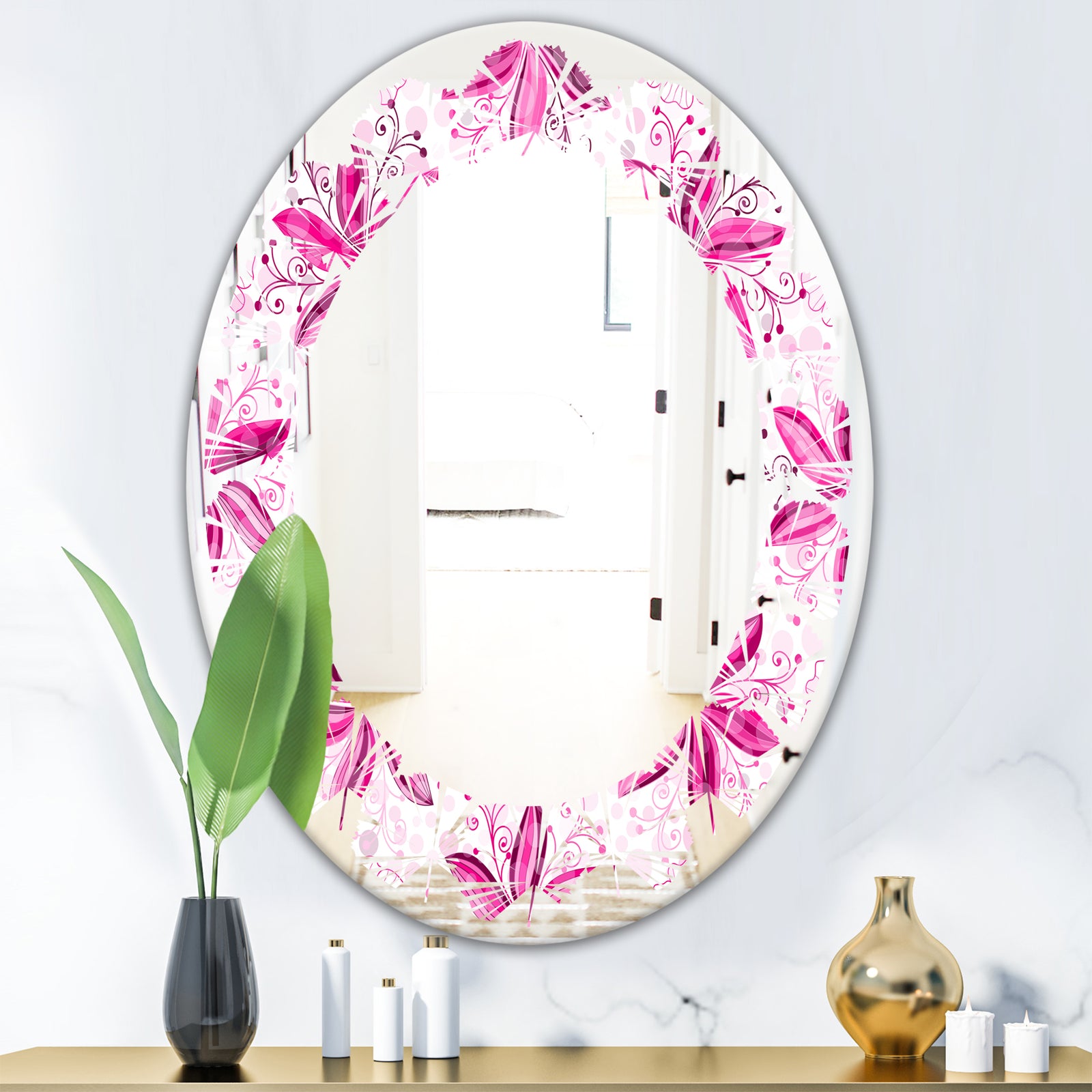 Retro Floral Pattern XII - Modern Round or Oval Wall Mirror - Leaves