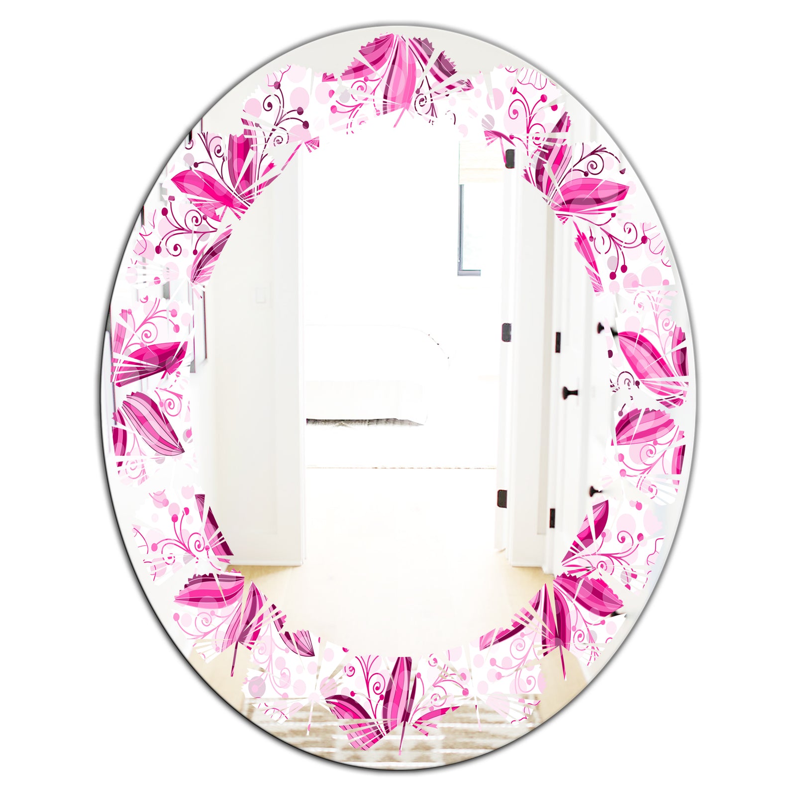 Retro Floral Pattern XII - Modern Round or Oval Wall Mirror - Leaves