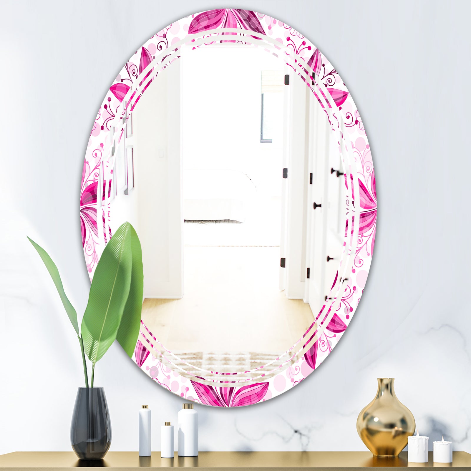 Retro Floral Pattern XII - Modern Round or Oval Wall Mirror - Triple C