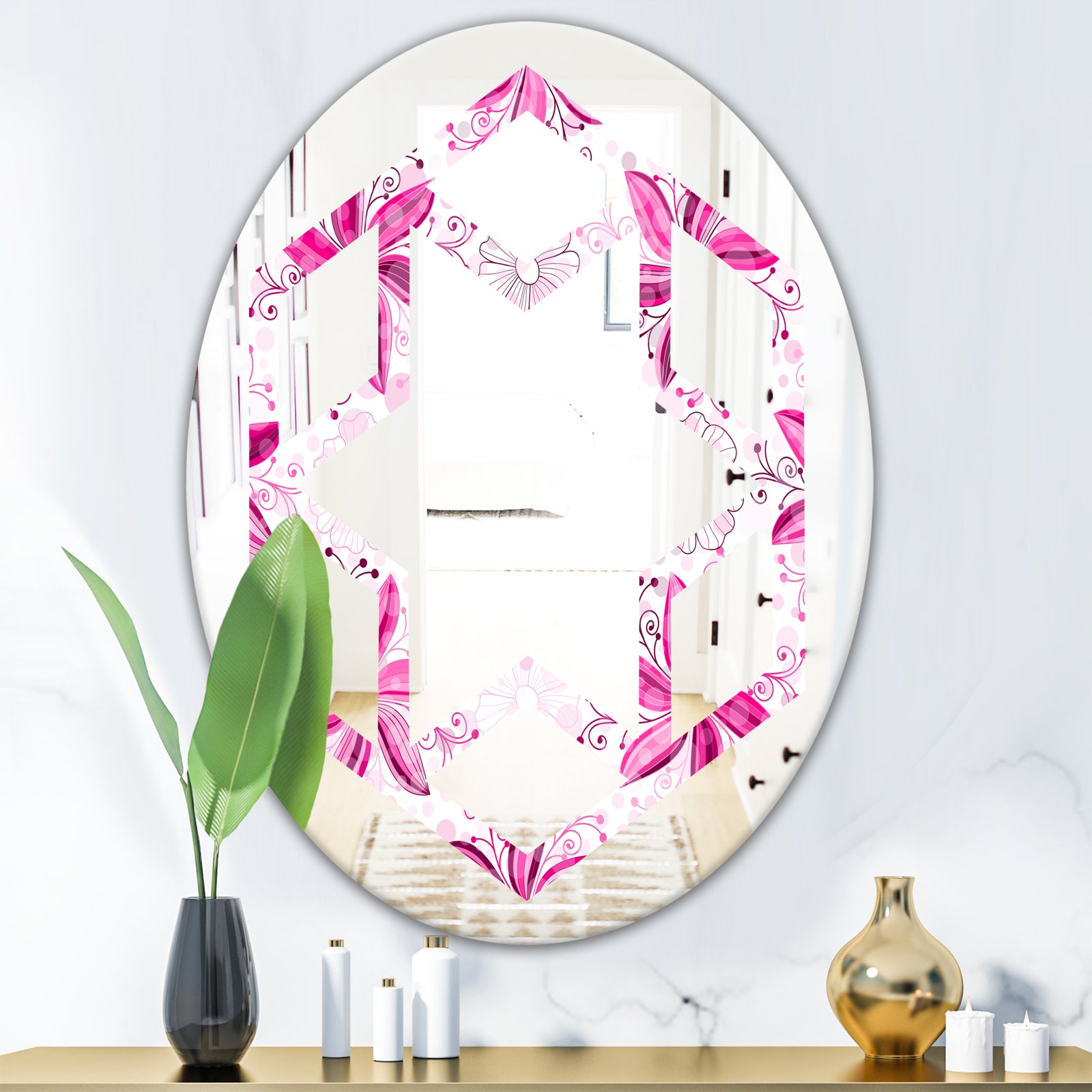 Retro Floral Pattern XII - Modern Round or Oval Wall Mirror - Hexagon Star