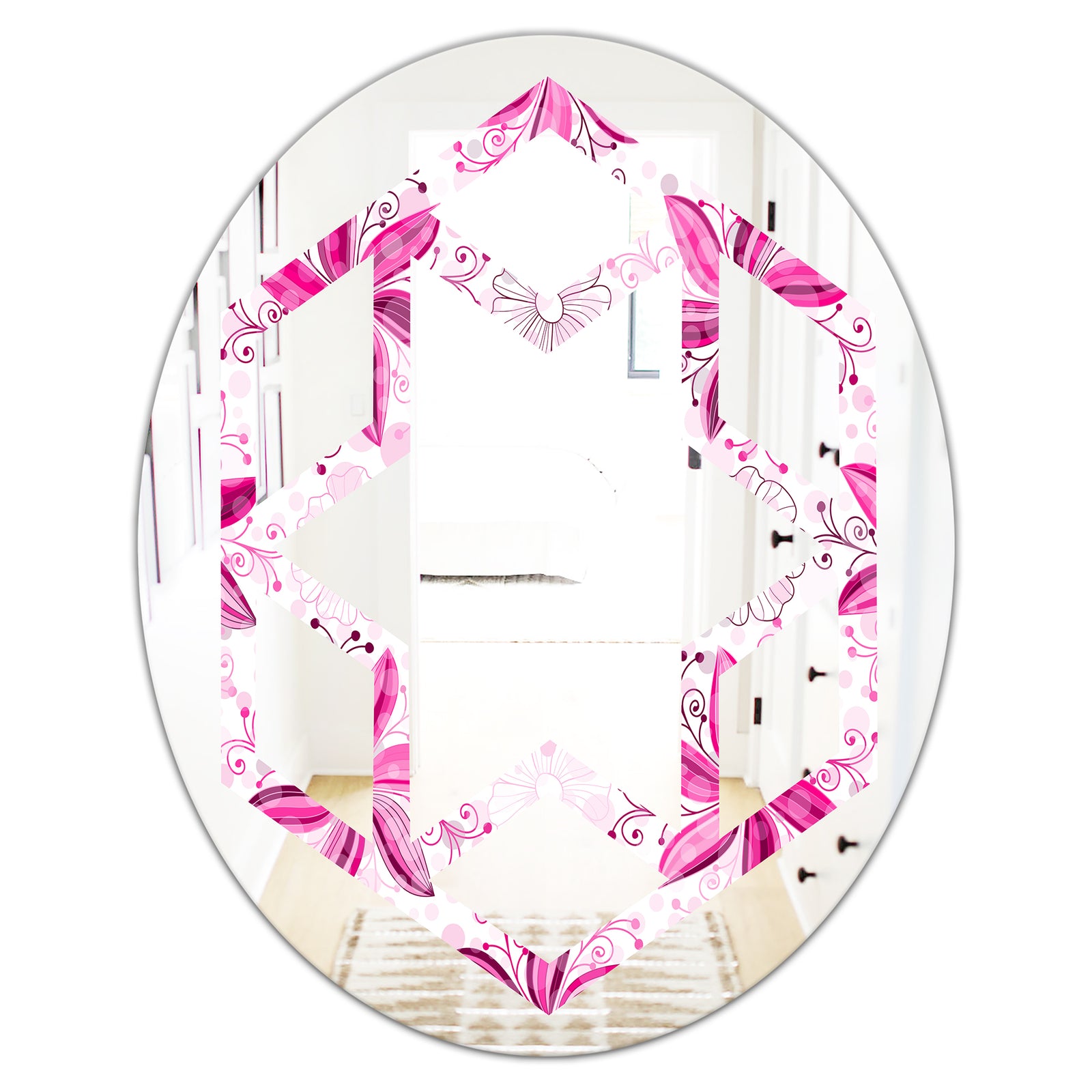 Retro Floral Pattern XII - Modern Round or Oval Wall Mirror - Hexagon Star
