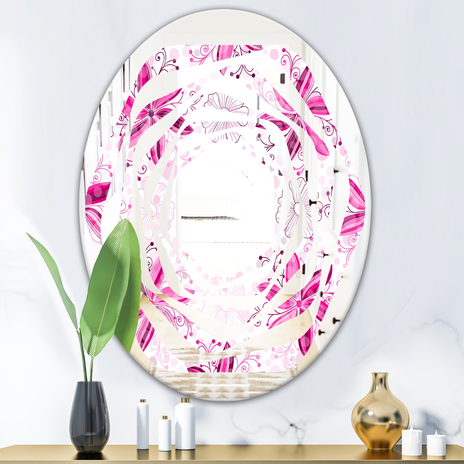 Retro Floral Pattern XII - Modern Round or Oval Wall Mirror - Whirl