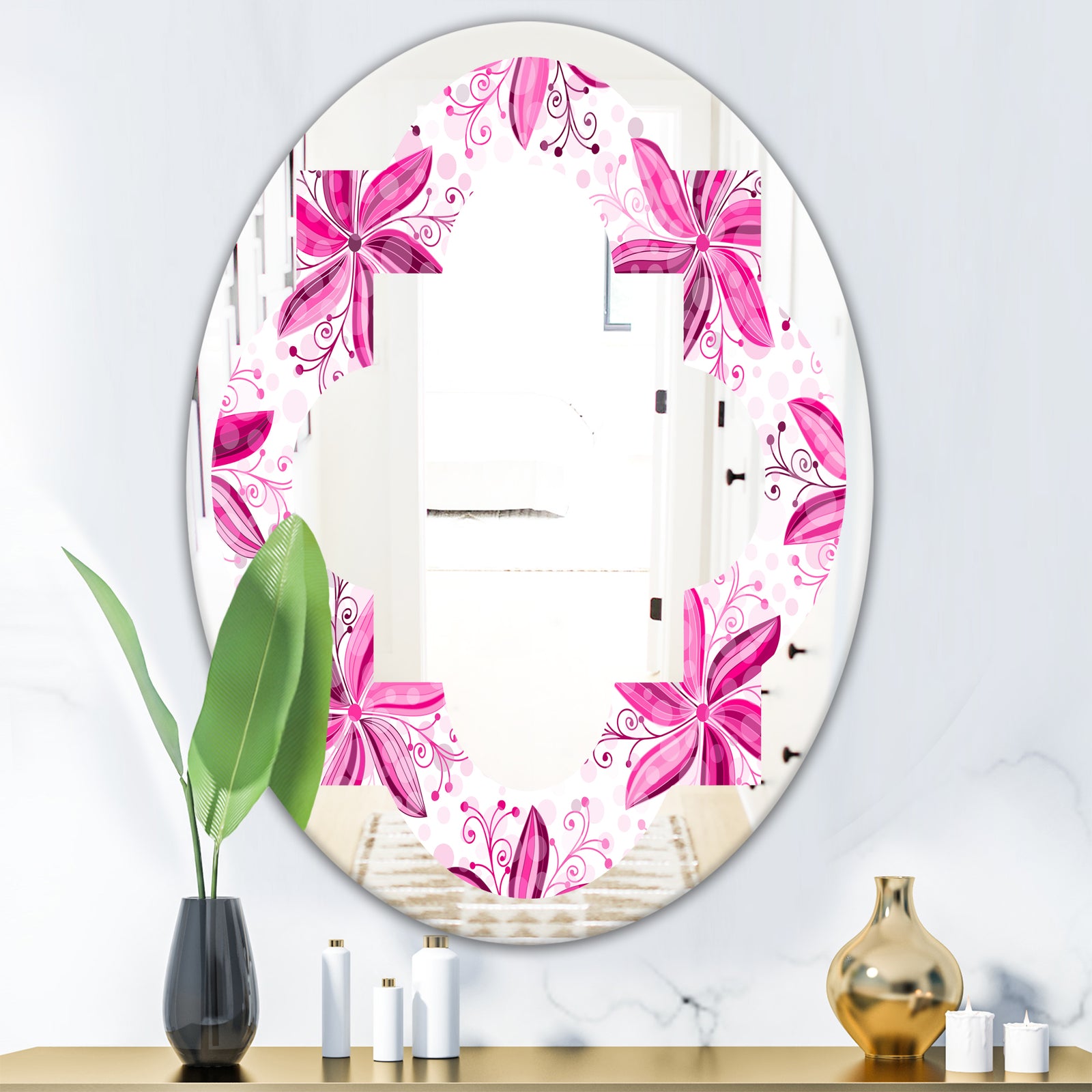 Retro Floral Pattern XII - Modern Round or Oval Wall Mirror - Quatrefoil