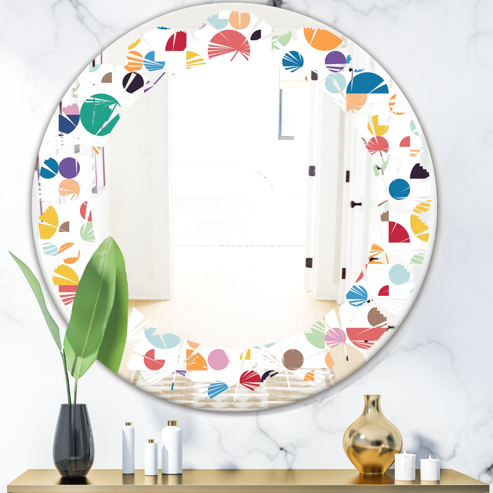 Retro Abstract Circular I - Modern Round or Oval Wall Mirror - Leaves