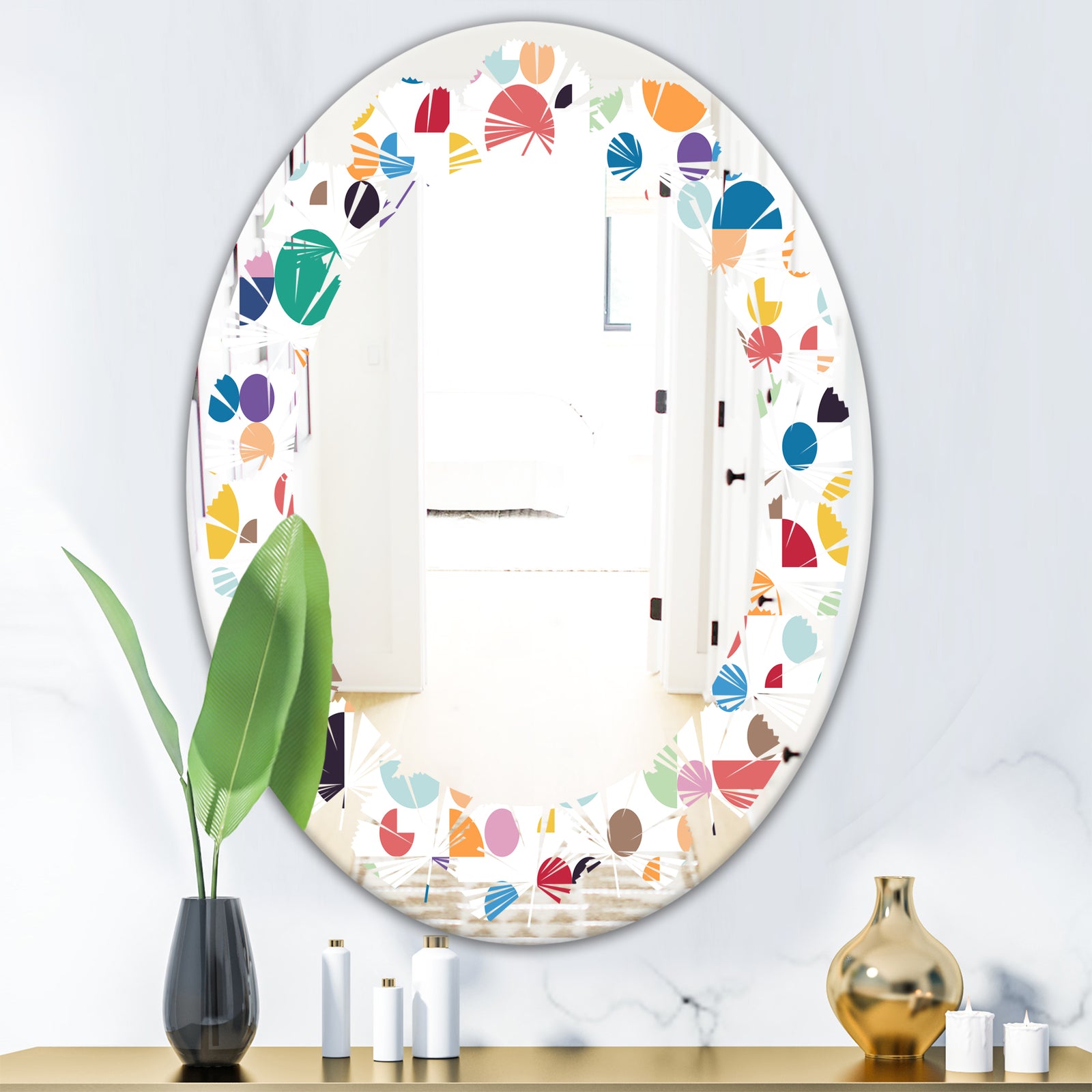 Retro Abstract Circular I - Modern Round or Oval Wall Mirror - Leaves