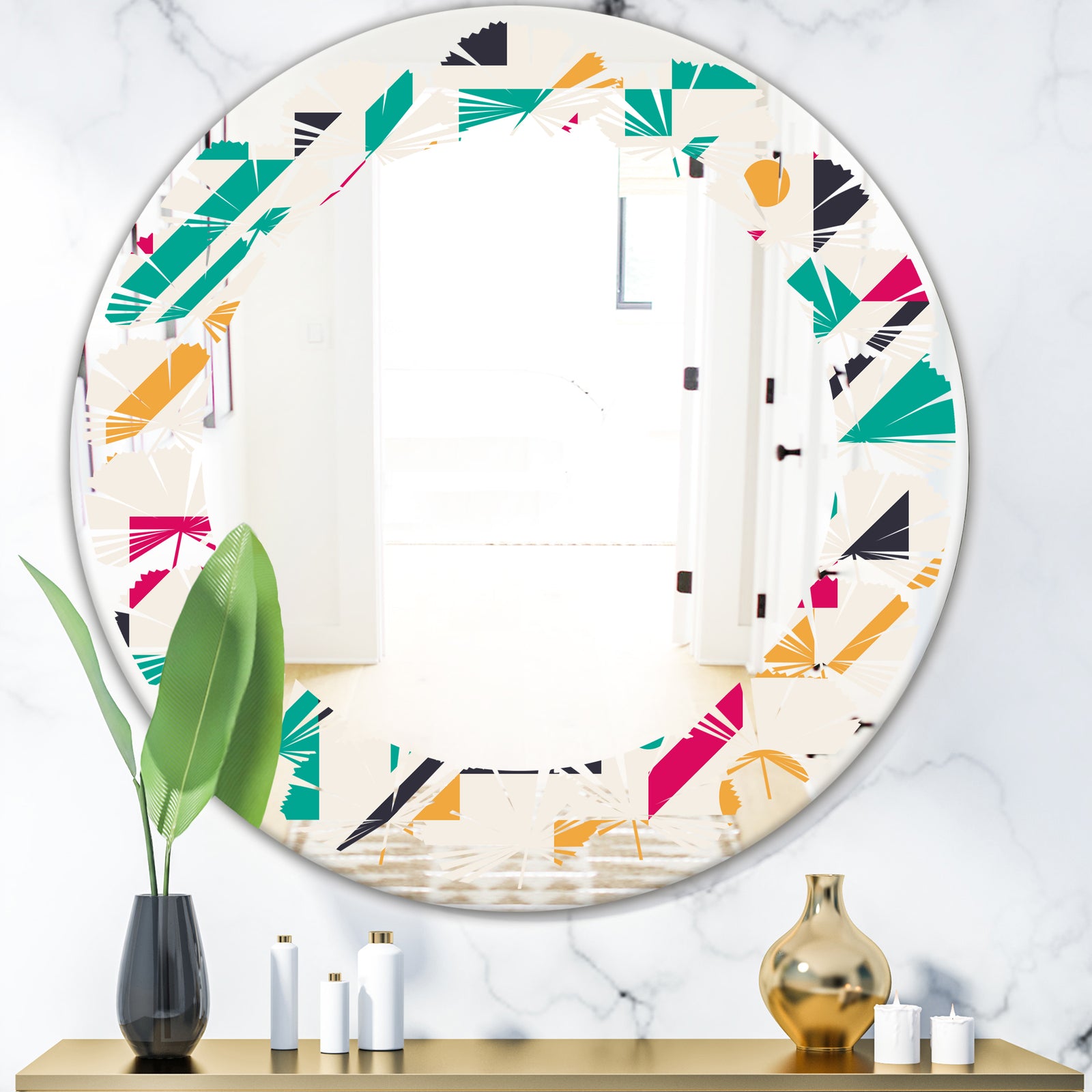 Retro Geometric Design III - Modern Round or Oval Wall Mirror - Leaves