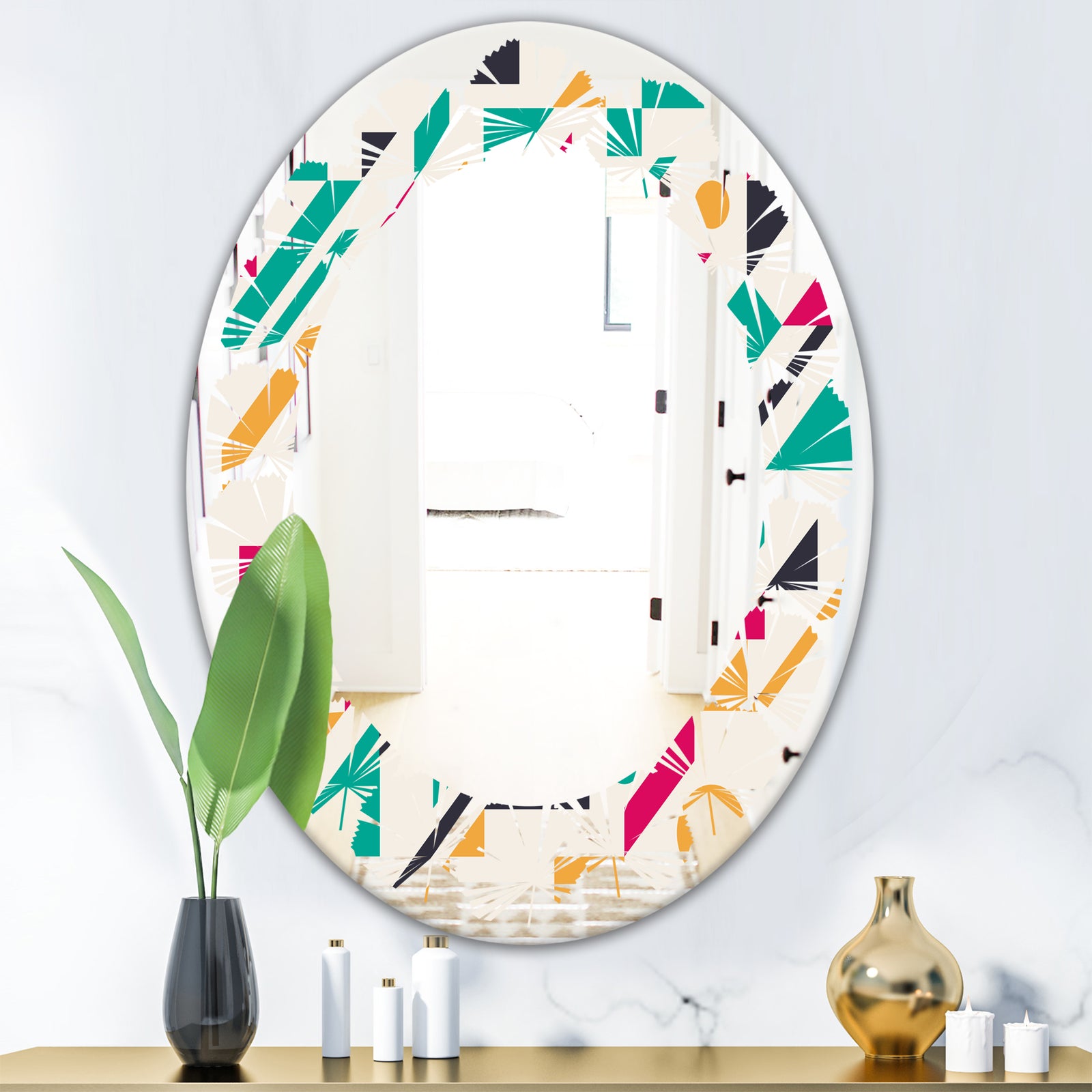 Retro Geometric Design III - Modern Round or Oval Wall Mirror - Leaves