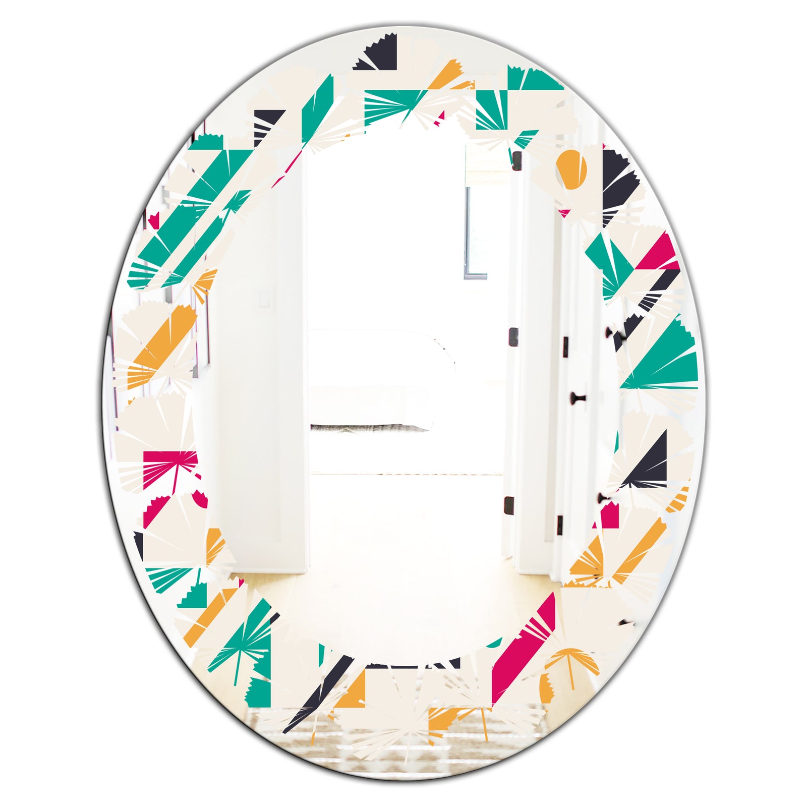 Retro Geometric Design III - Modern Round or Oval Wall Mirror - Leaves
