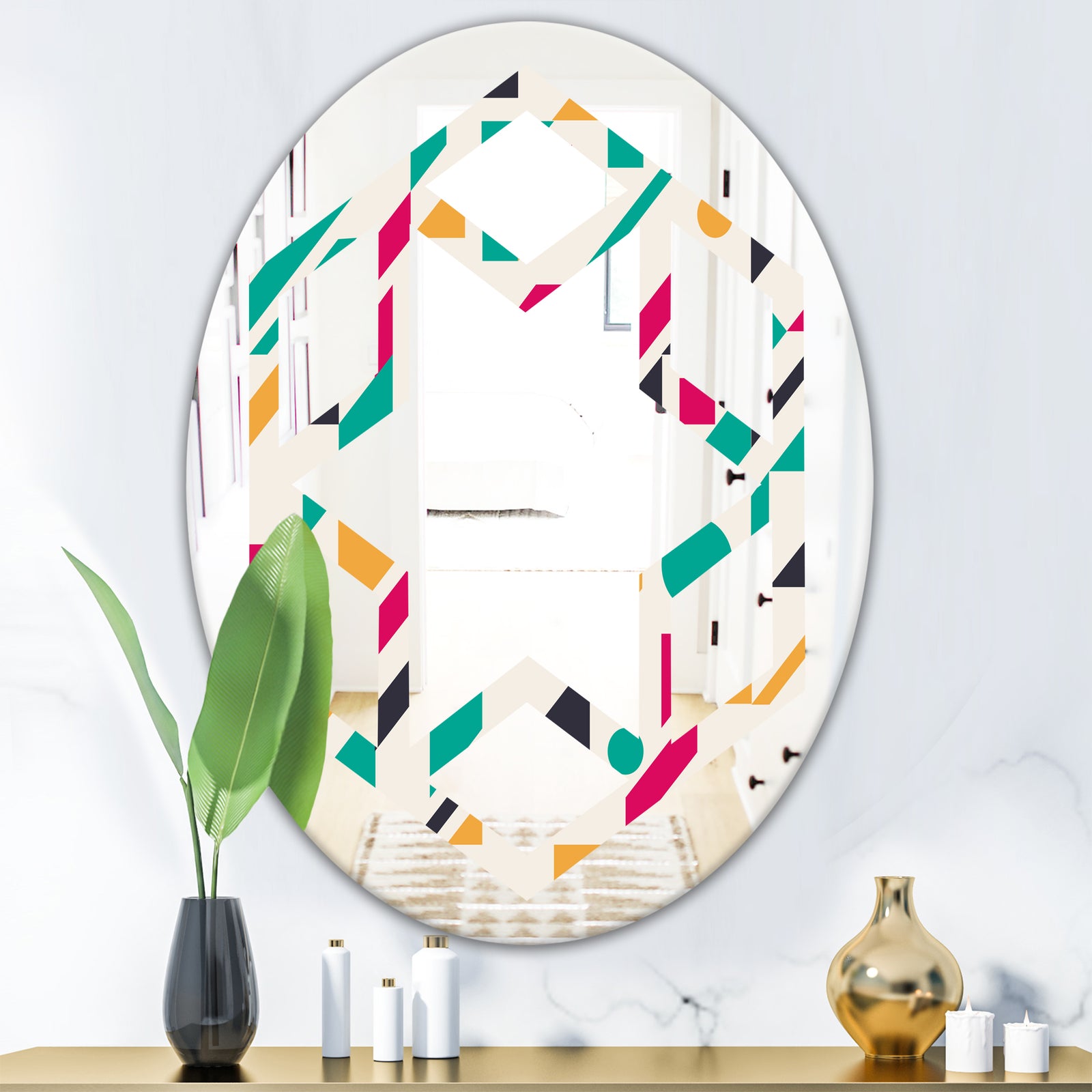 Retro Geometric Design III - Modern Round or Oval Wall Mirror - Hexagon Star