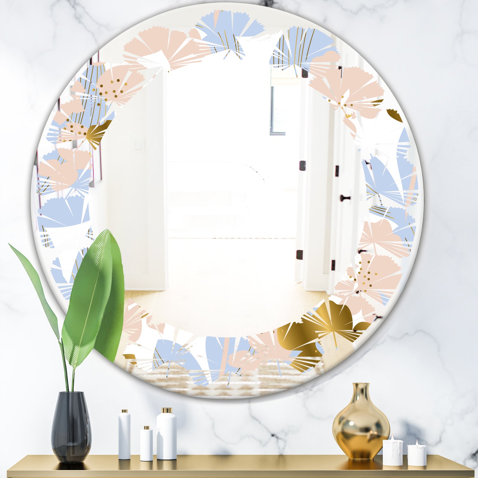 Golden Foliage XV - Modern Round or Oval Wall Mirror - Leaves