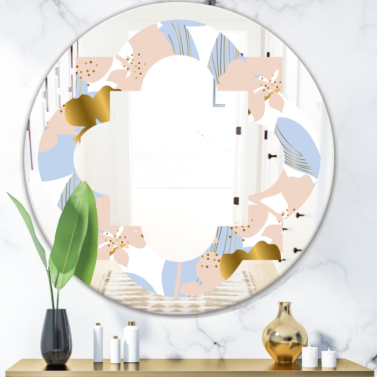 Golden Foliage XV - Modern Round or Oval Wall Mirror - Quatrefoil