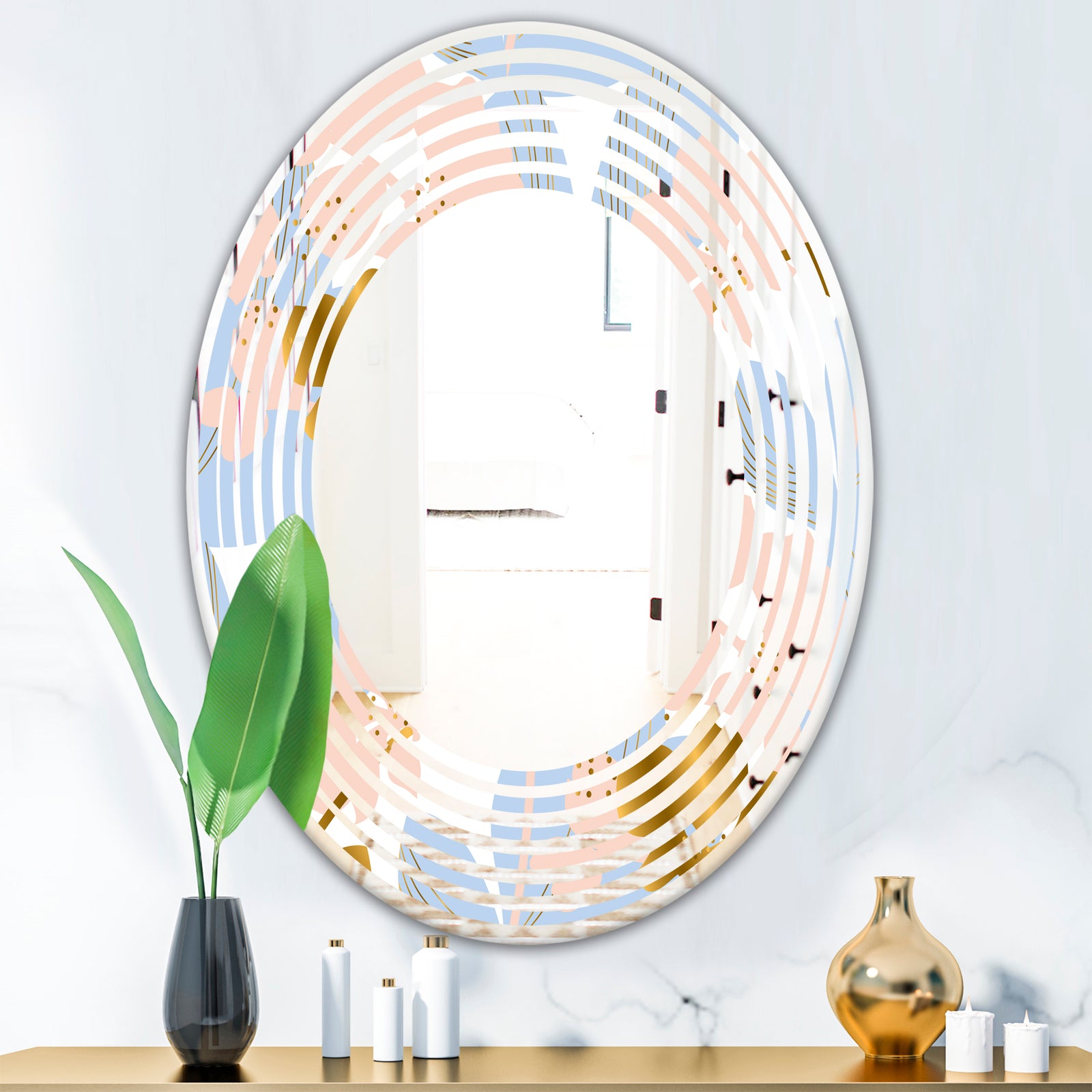 Golden Foliage XV - Modern Round or Oval Wall Mirror - Wave