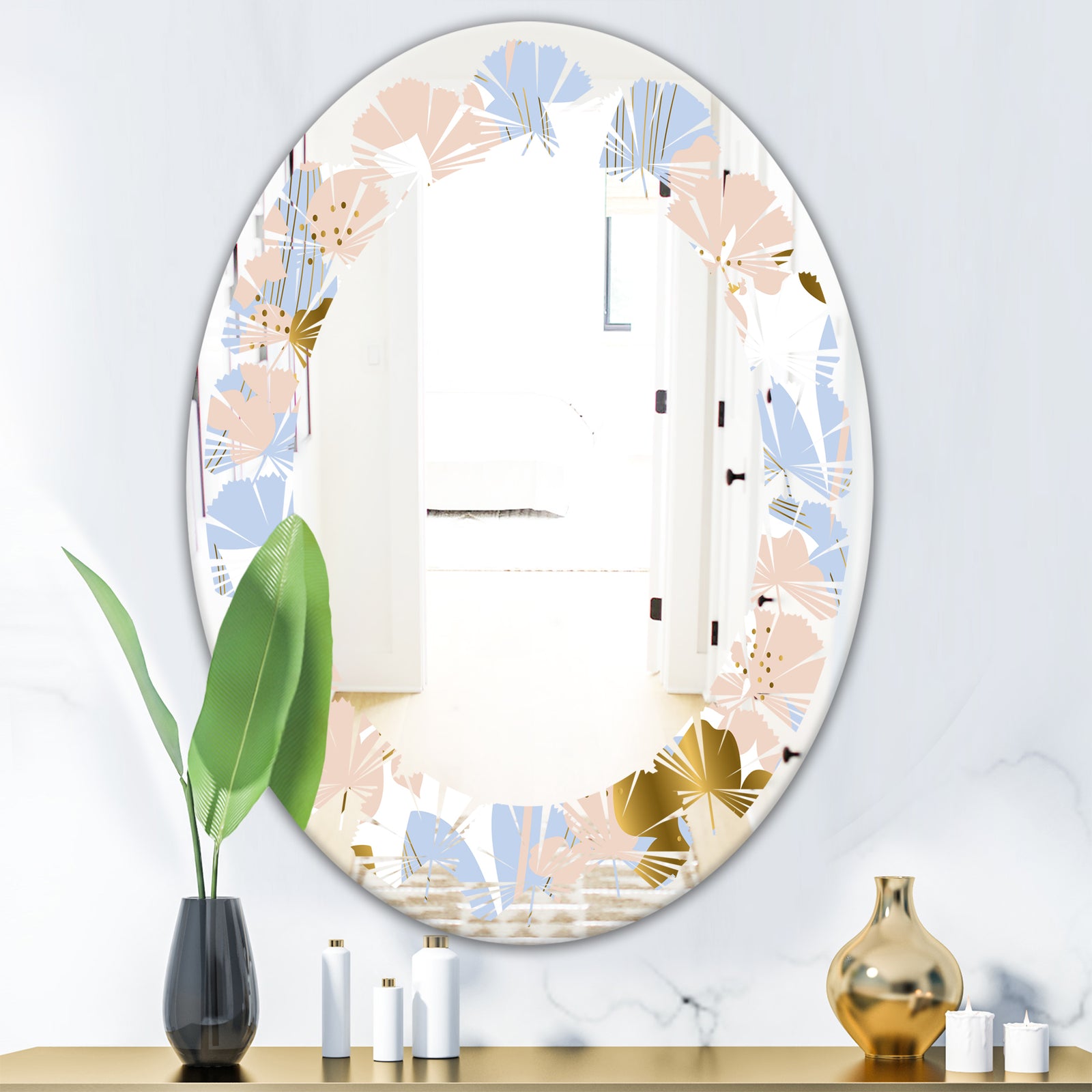Golden Foliage XV - Modern Round or Oval Wall Mirror - Leaves