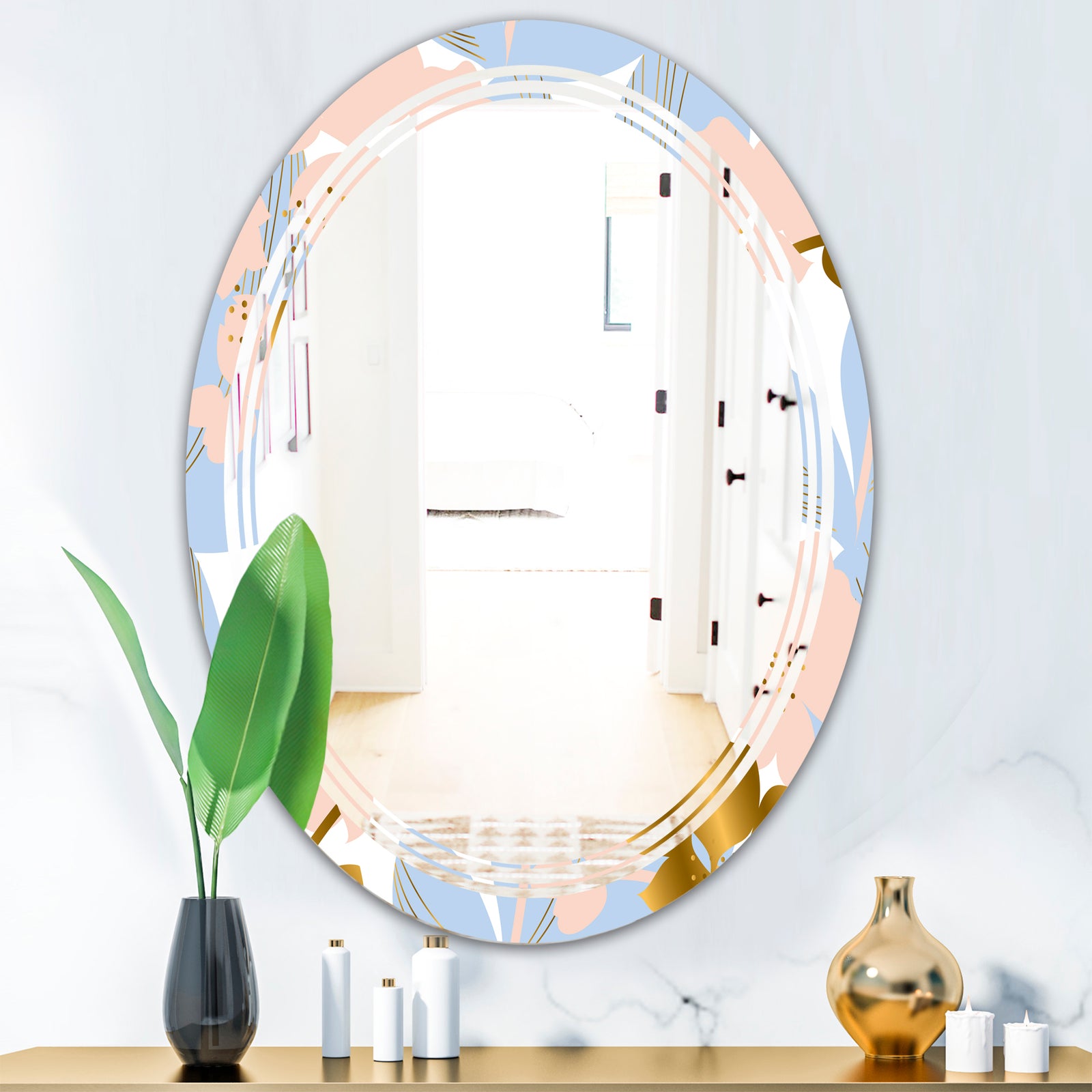 Golden Foliage XV - Modern Round or Oval Wall Mirror - Triple C