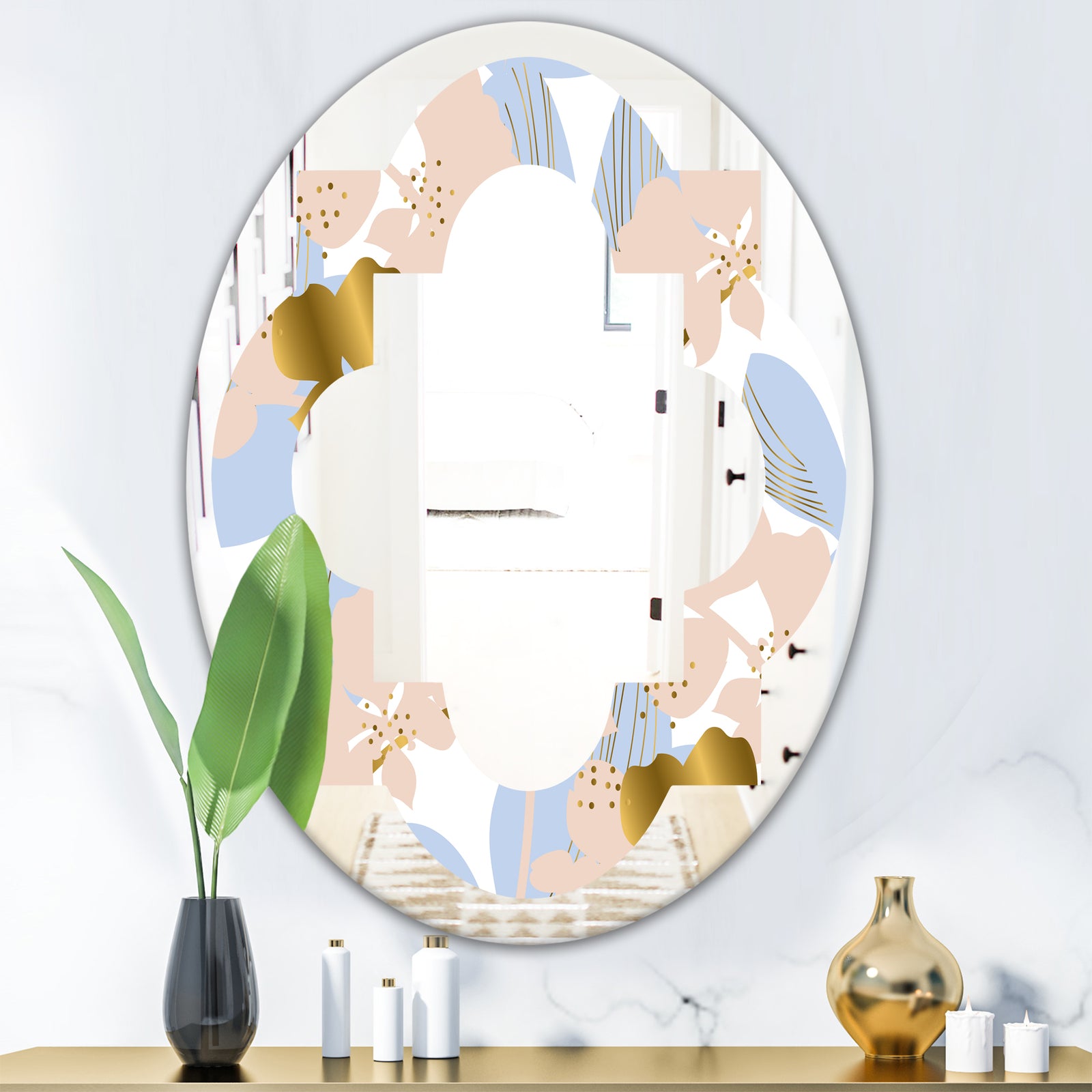 Golden Foliage XV - Modern Round or Oval Wall Mirror - Quatrefoil
