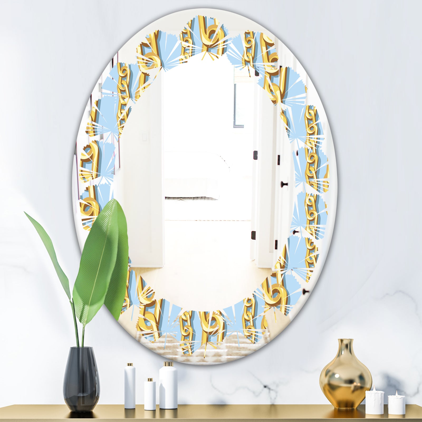 Gold Chain Pattern - Modern Round or Oval Wall Mirror - Leaves