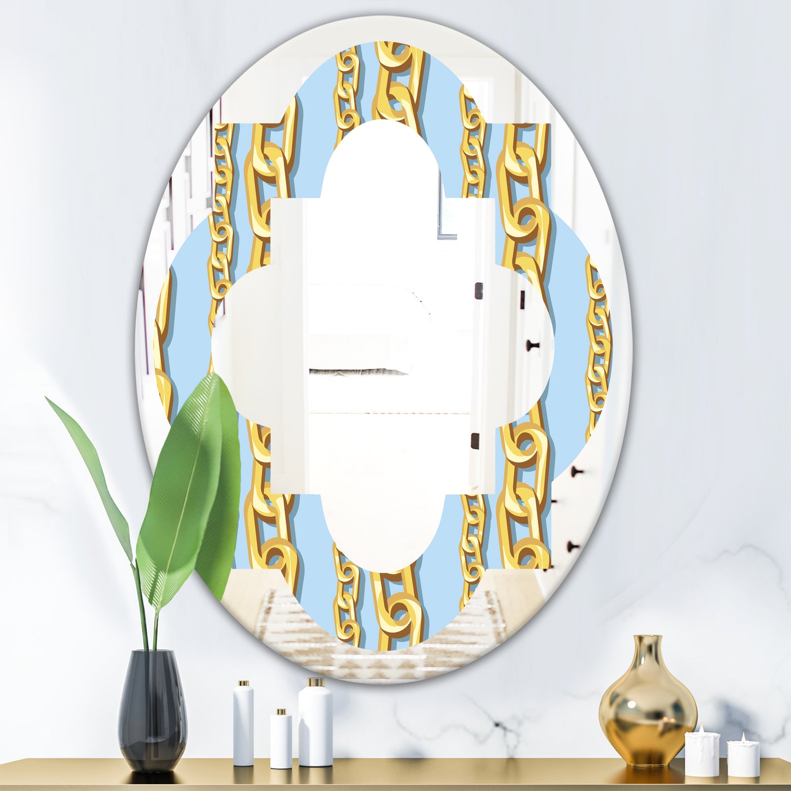 Gold Chain Pattern - Modern Round or Oval Wall Mirror - Quatrefoil