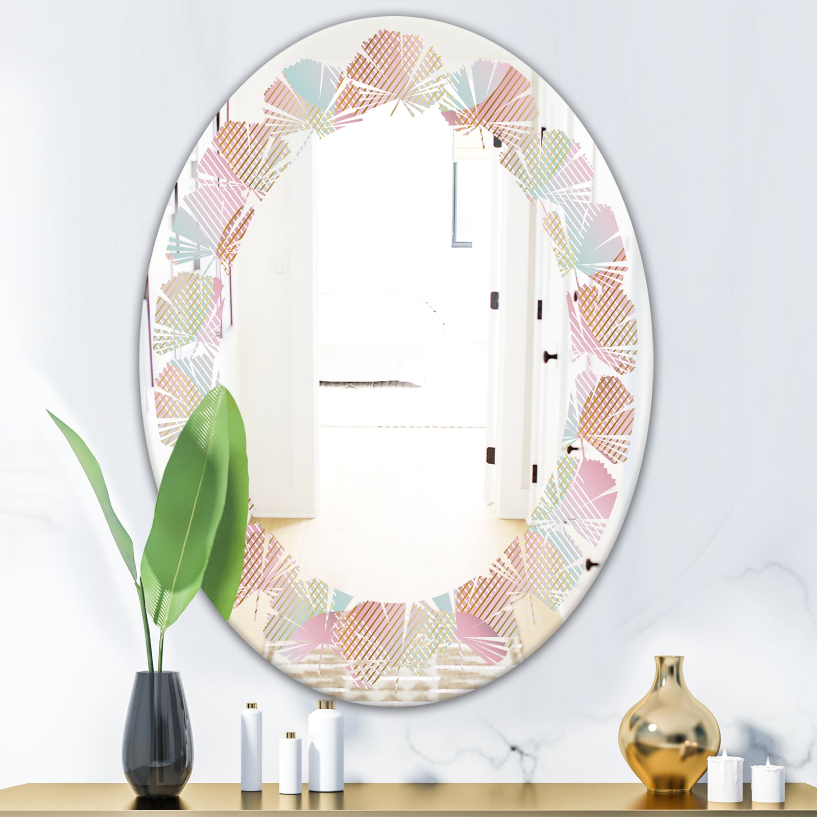 Abstract Design Retro Pattern VII - Modern Round or Oval Wall Mirror - Leaves