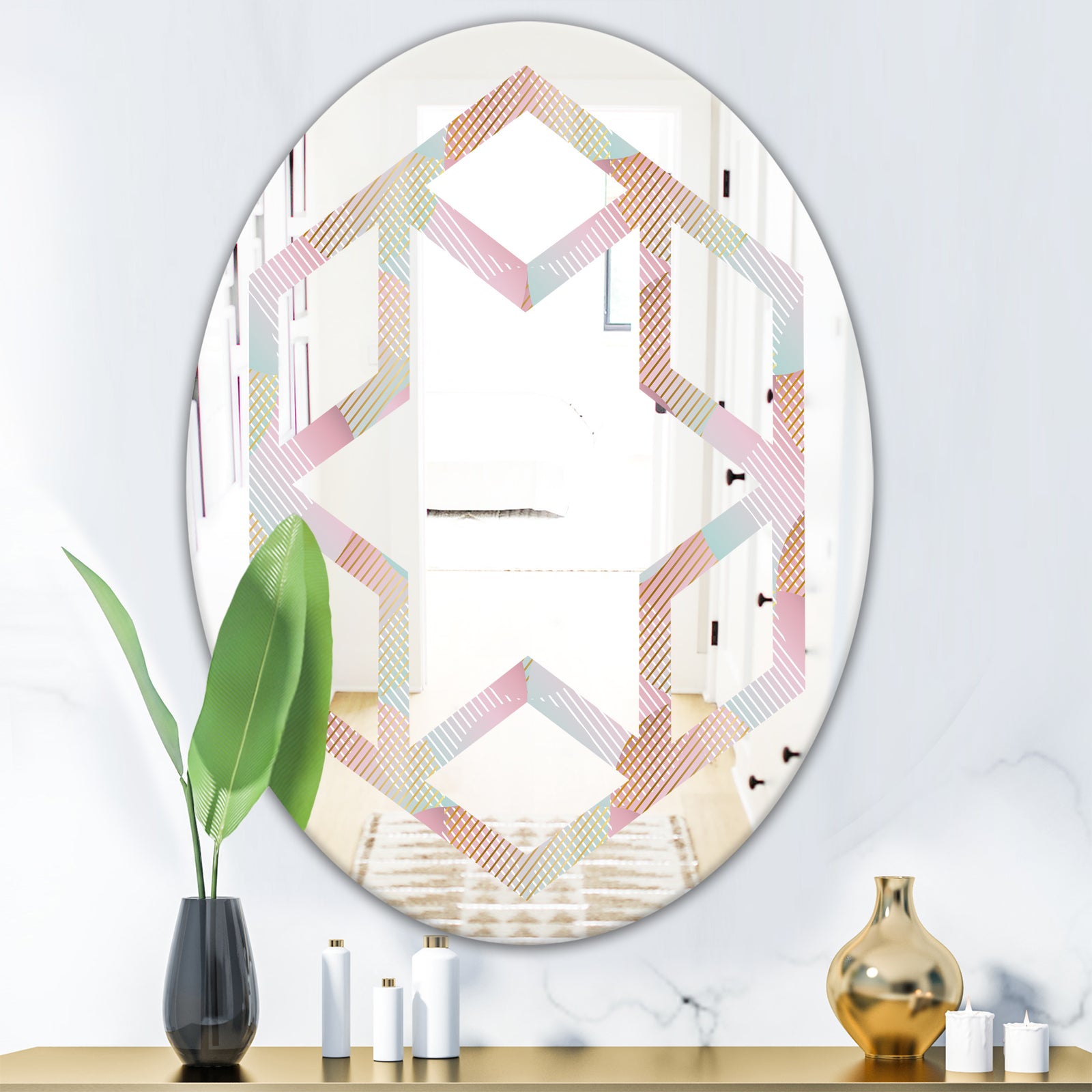 Abstract Design Retro Pattern VII - Modern Round or Oval Wall Mirror - Hexagon Star