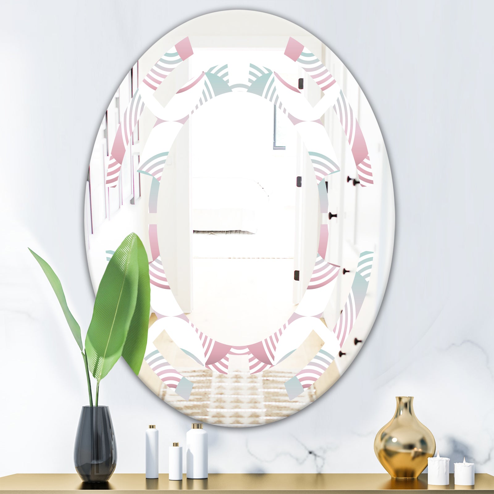 Retro Geometrical Abstract Pattern I - Modern Round or Oval Wall Mirror - Space