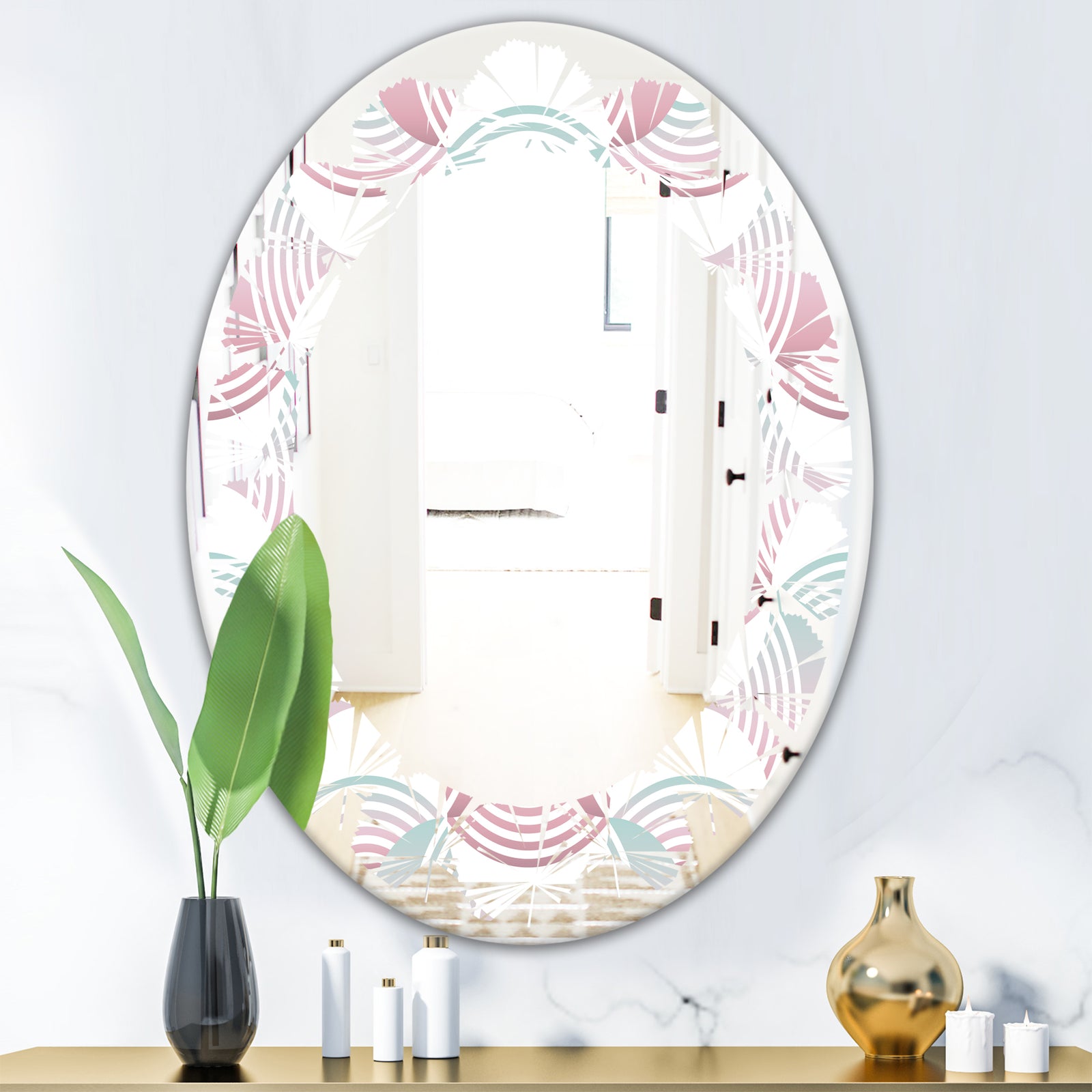 Retro Geometrical Abstract Pattern I - Modern Round or Oval Wall Mirror - Leaves