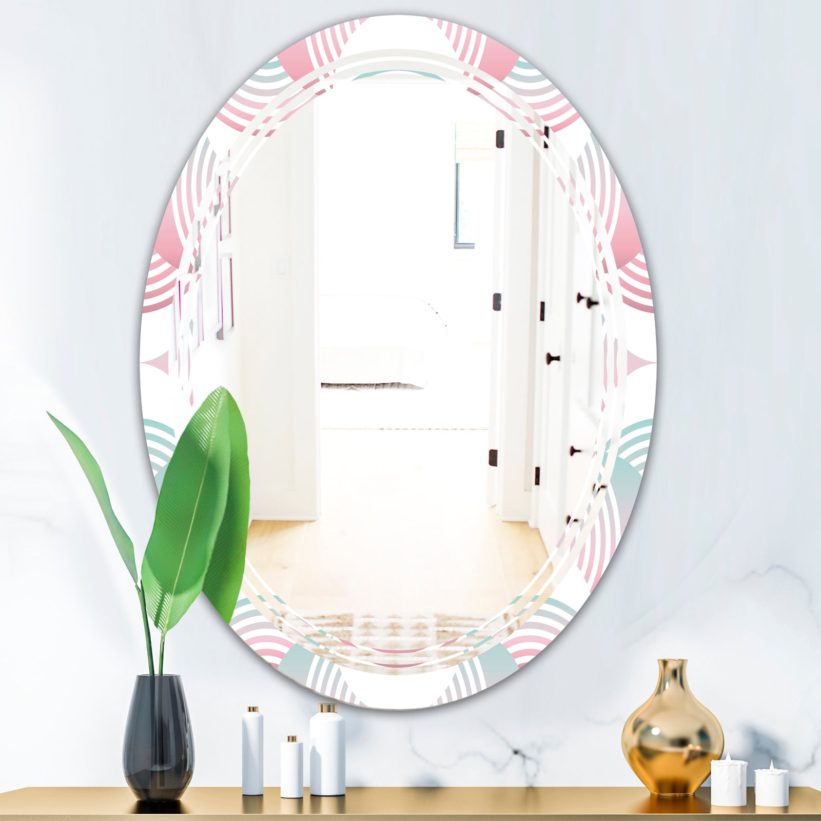 Retro Geometrical Abstract Pattern I - Modern Round or Oval Wall Mirror - Triple C