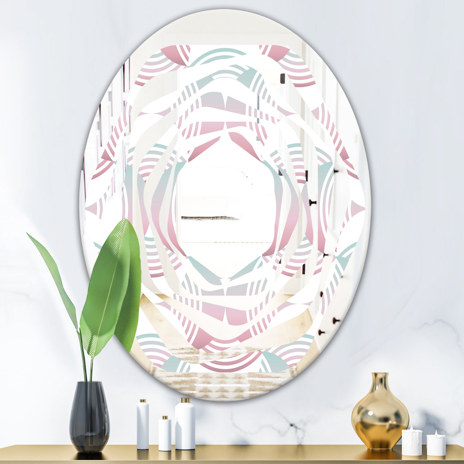 Retro Geometrical Abstract Pattern I - Modern Round or Oval Wall Mirror - Whirl