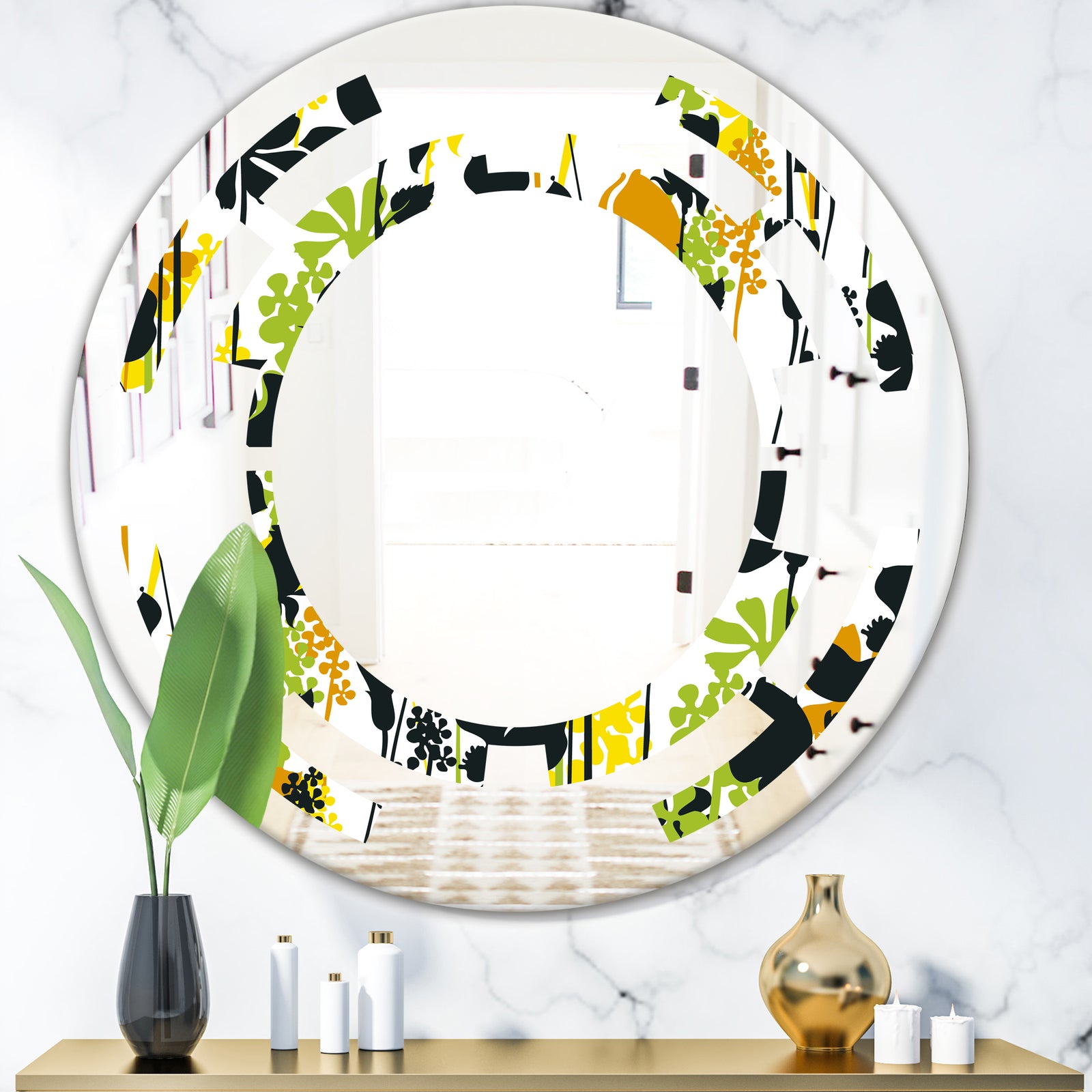 Summer meadow pattern, black silhouettes - Modern Round or Oval Wall Mirror - Space