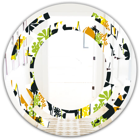 Summer meadow pattern, black silhouettes - Modern Round or Oval Wall Mirror - Space
