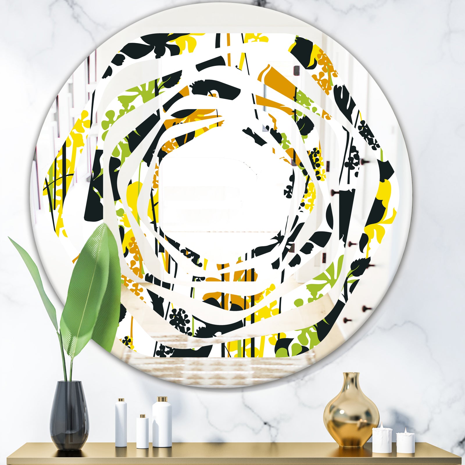 Summer meadow pattern, black silhouettes - Modern Round or Oval Wall Mirror - Whirl