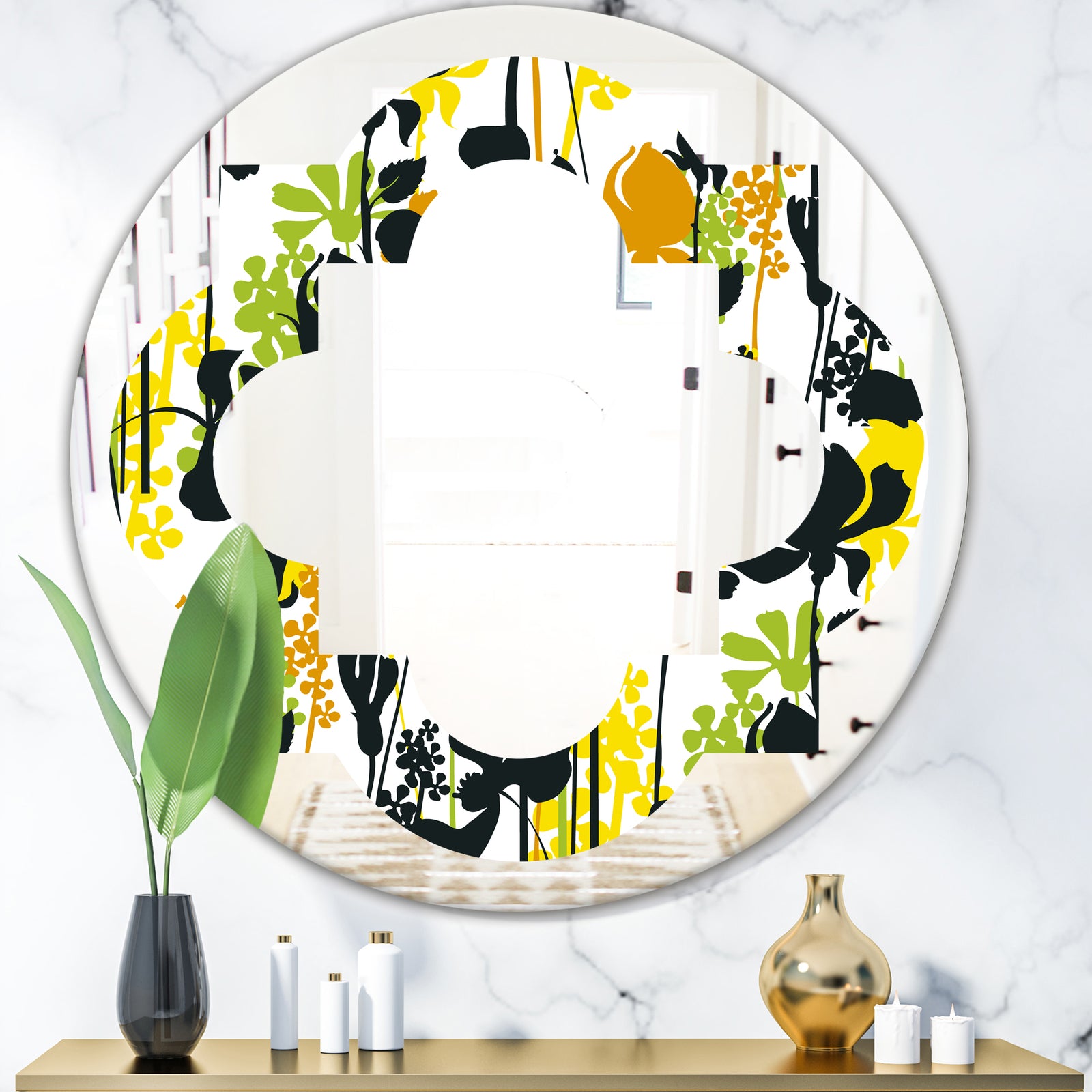 Summer meadow pattern, black silhouettes - Modern Round or Oval Wall Mirror - Quatrefoil