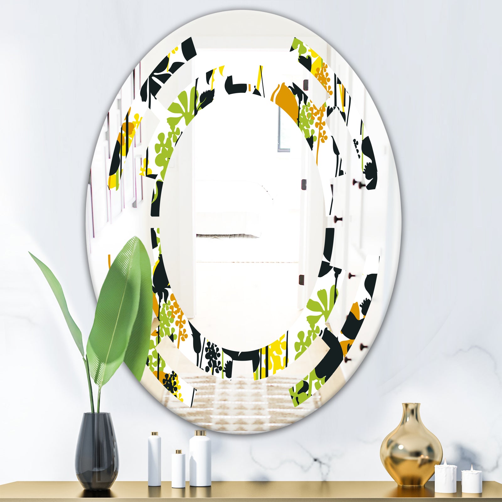 Summer meadow pattern, black silhouettes - Modern Round or Oval Wall Mirror - Space