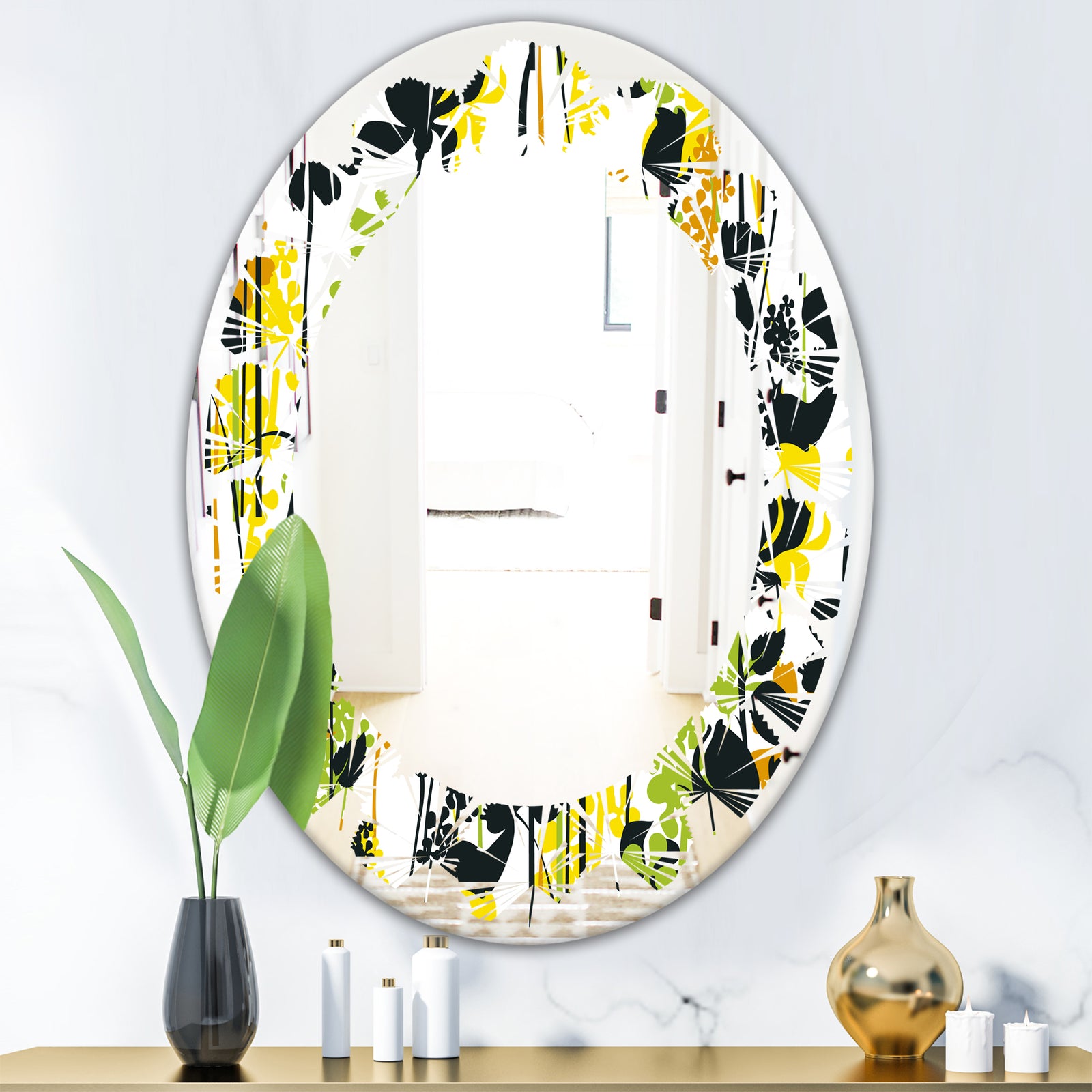 Summer meadow pattern, black silhouettes - Modern Round or Oval Wall Mirror - Leaves
