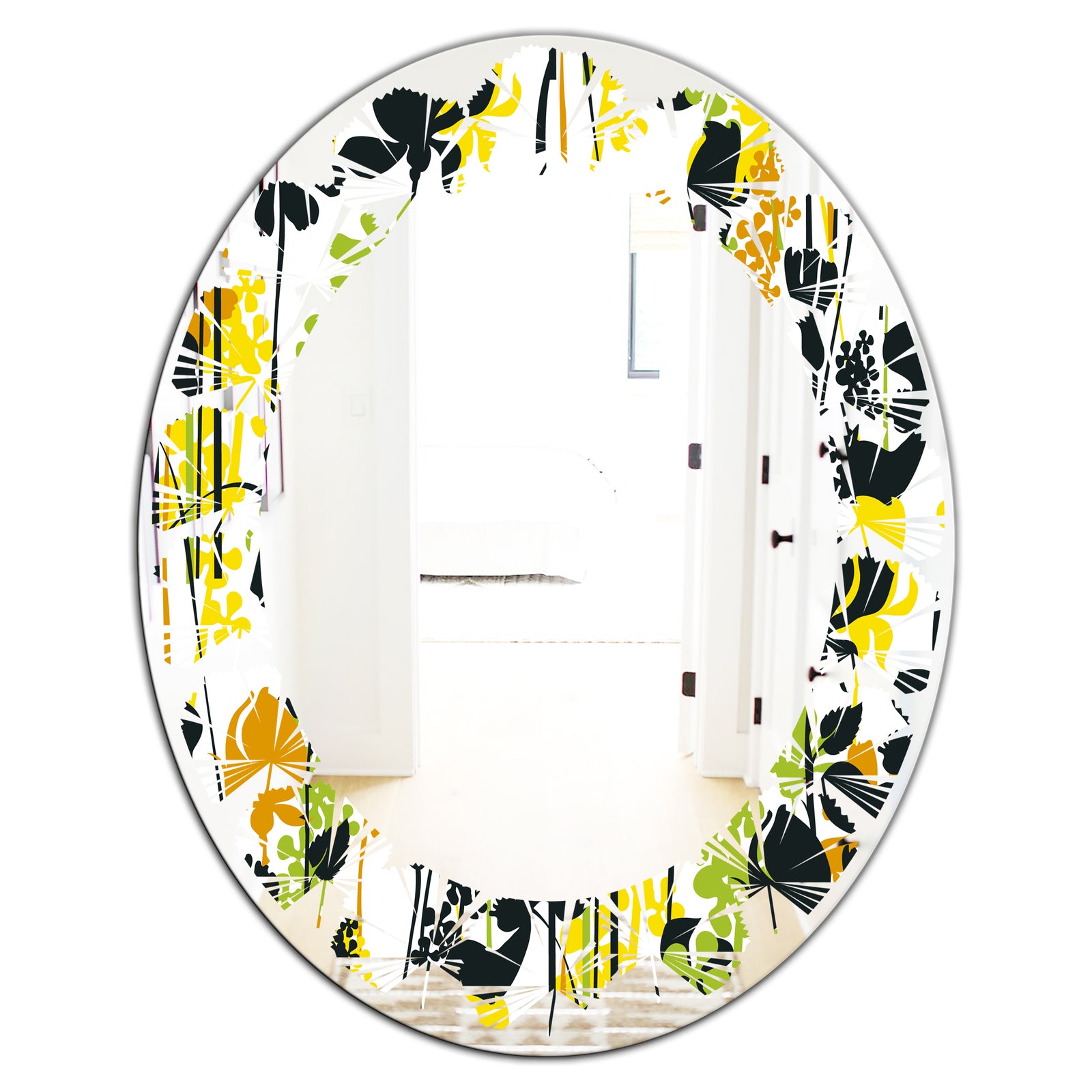 Summer meadow pattern, black silhouettes - Modern Round or Oval Wall Mirror - Leaves