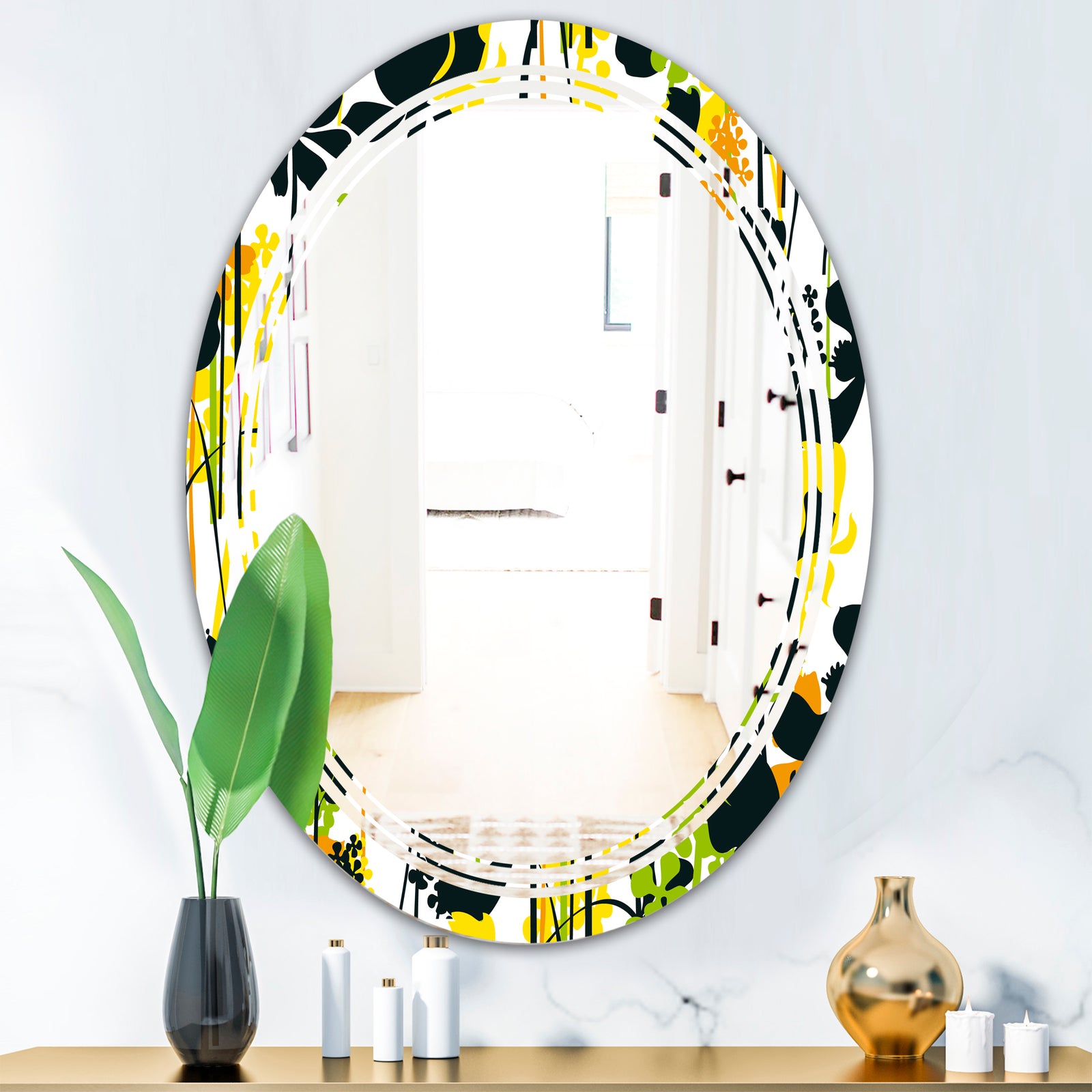 Summer meadow pattern, black silhouettes - Modern Round or Oval Wall Mirror - Triple C