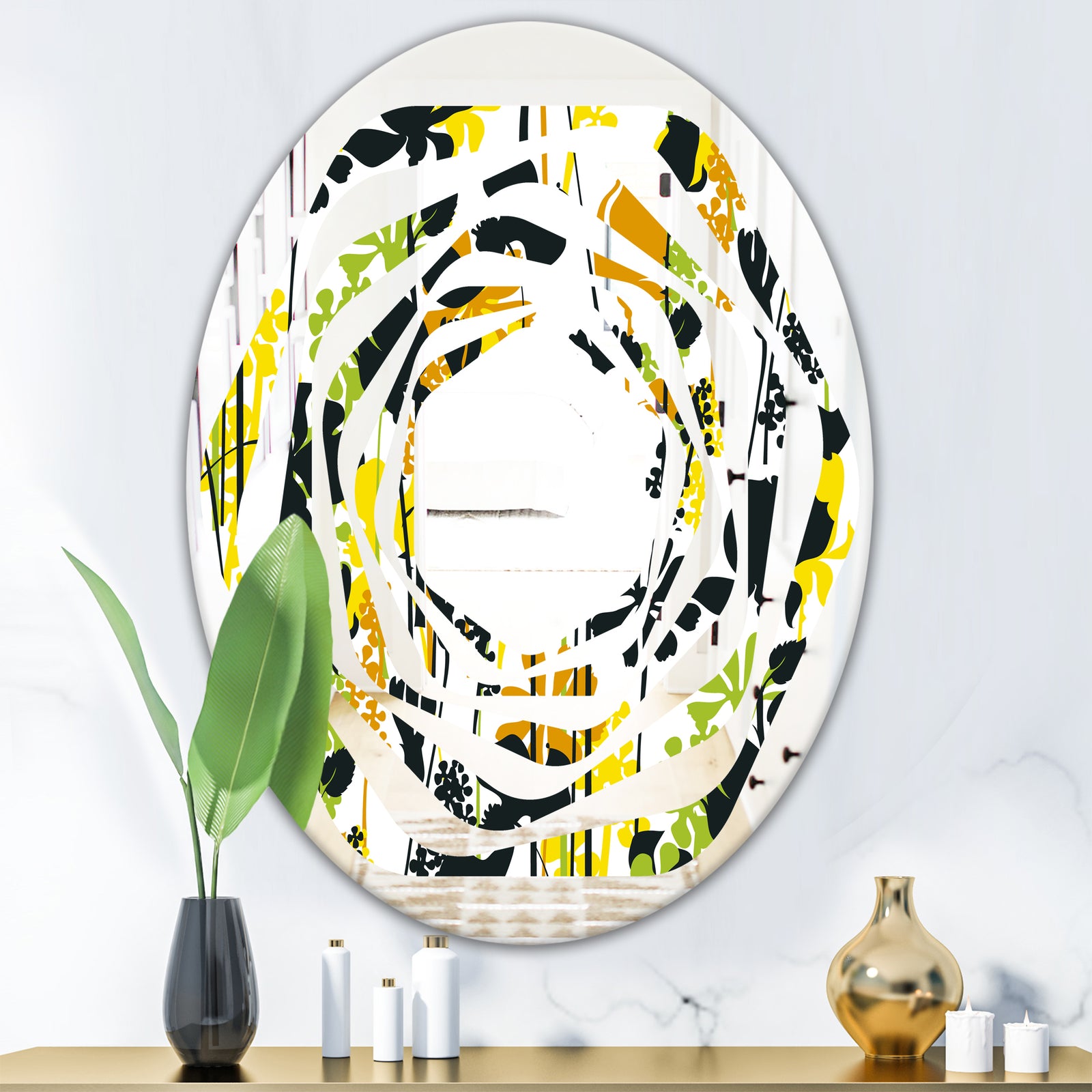 Summer meadow pattern, black silhouettes - Modern Round or Oval Wall Mirror - Whirl