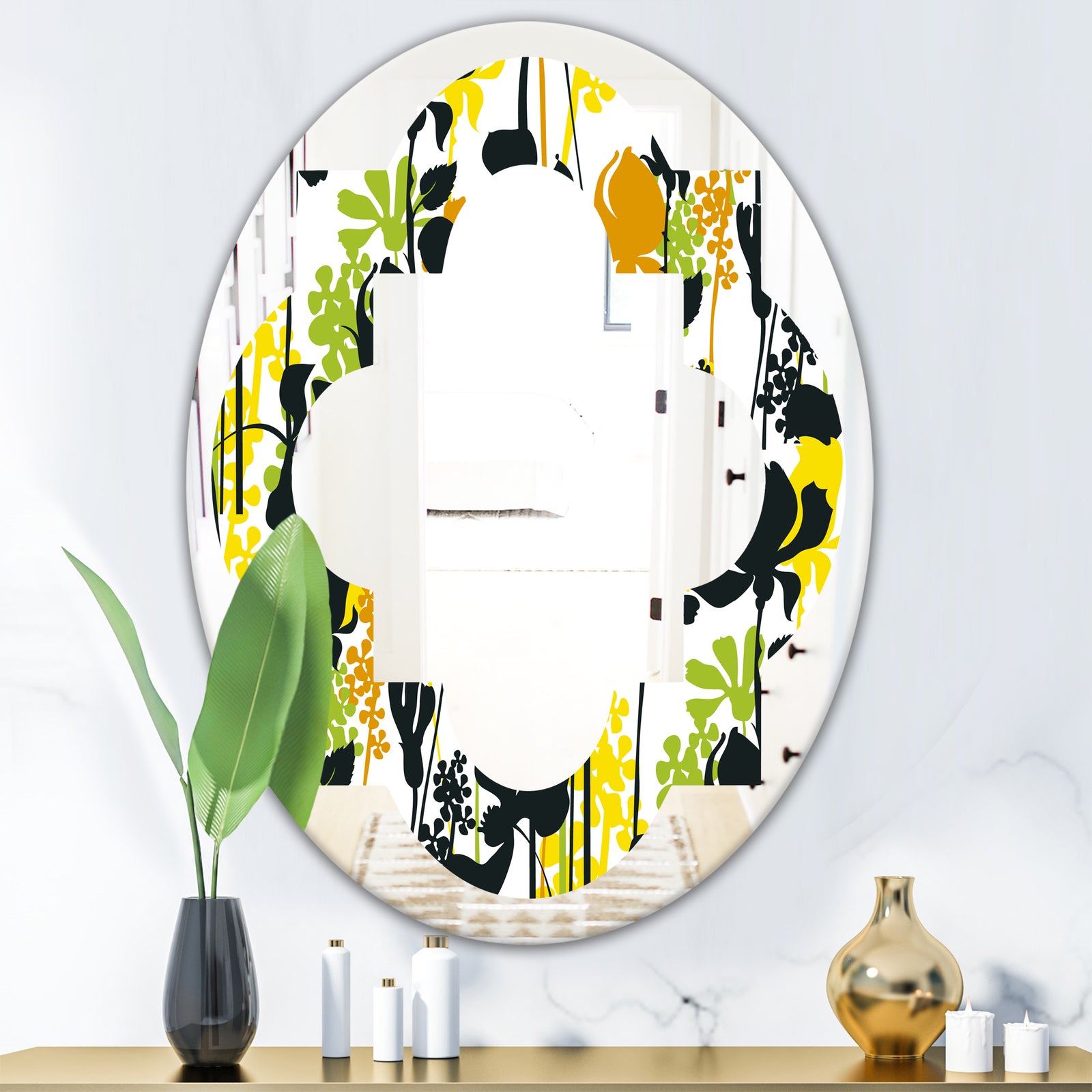 Summer meadow pattern, black silhouettes - Modern Round or Oval Wall Mirror - Quatrefoil