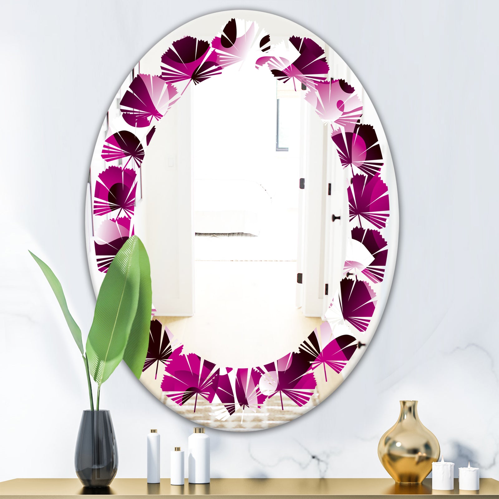 Abstract Design Retro Pattern VI - Cottage Round or Oval Wall Mirror - Leaves
