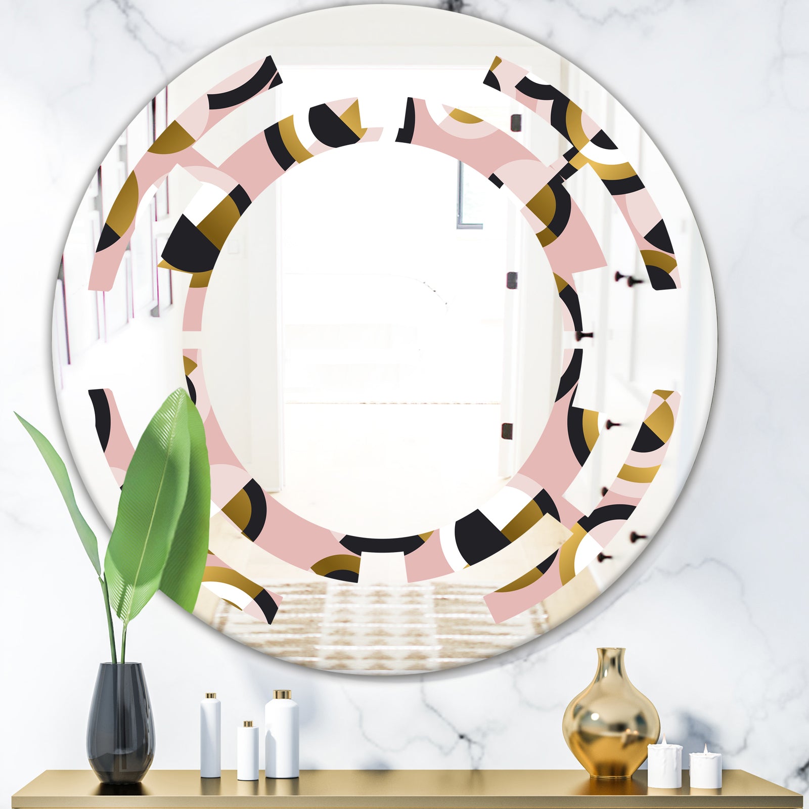 Circular geometric shapes retro pattern - Modern Round or Oval Wall Mirror - Space