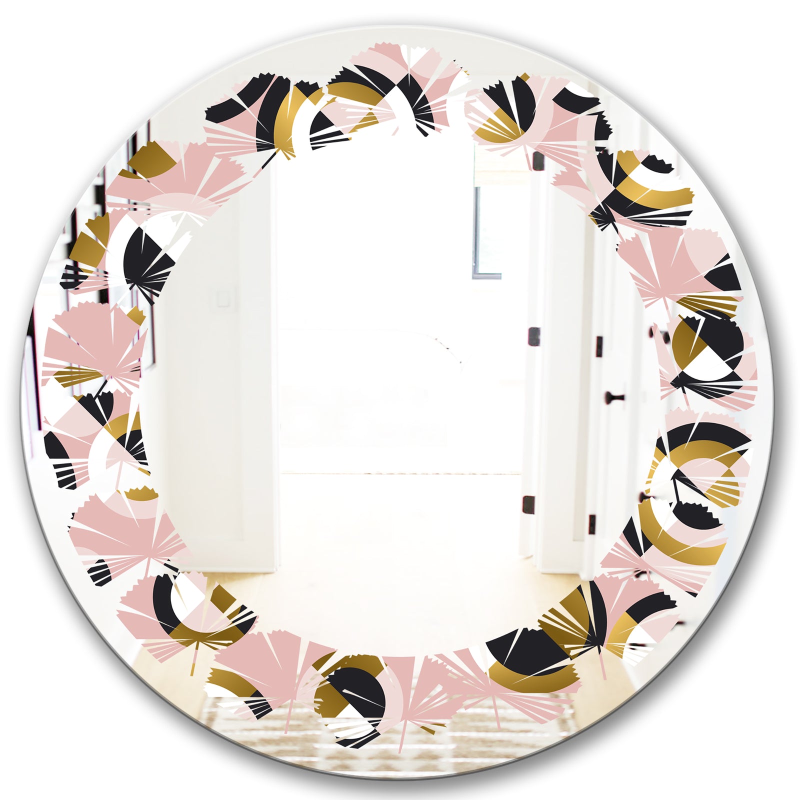 Circular geometric shapes retro pattern - Modern Round or Oval Wall Mirror - Leaves
