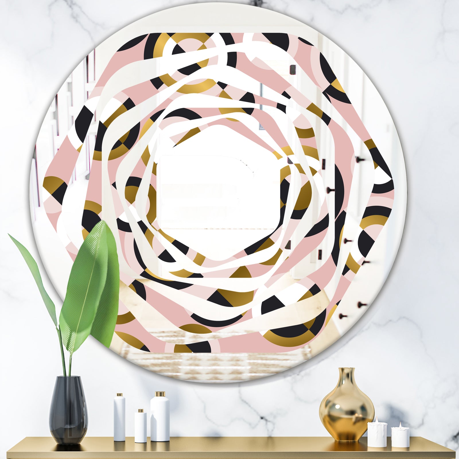 Circular geometric shapes retro pattern - Modern Round or Oval Wall Mirror - Whirl