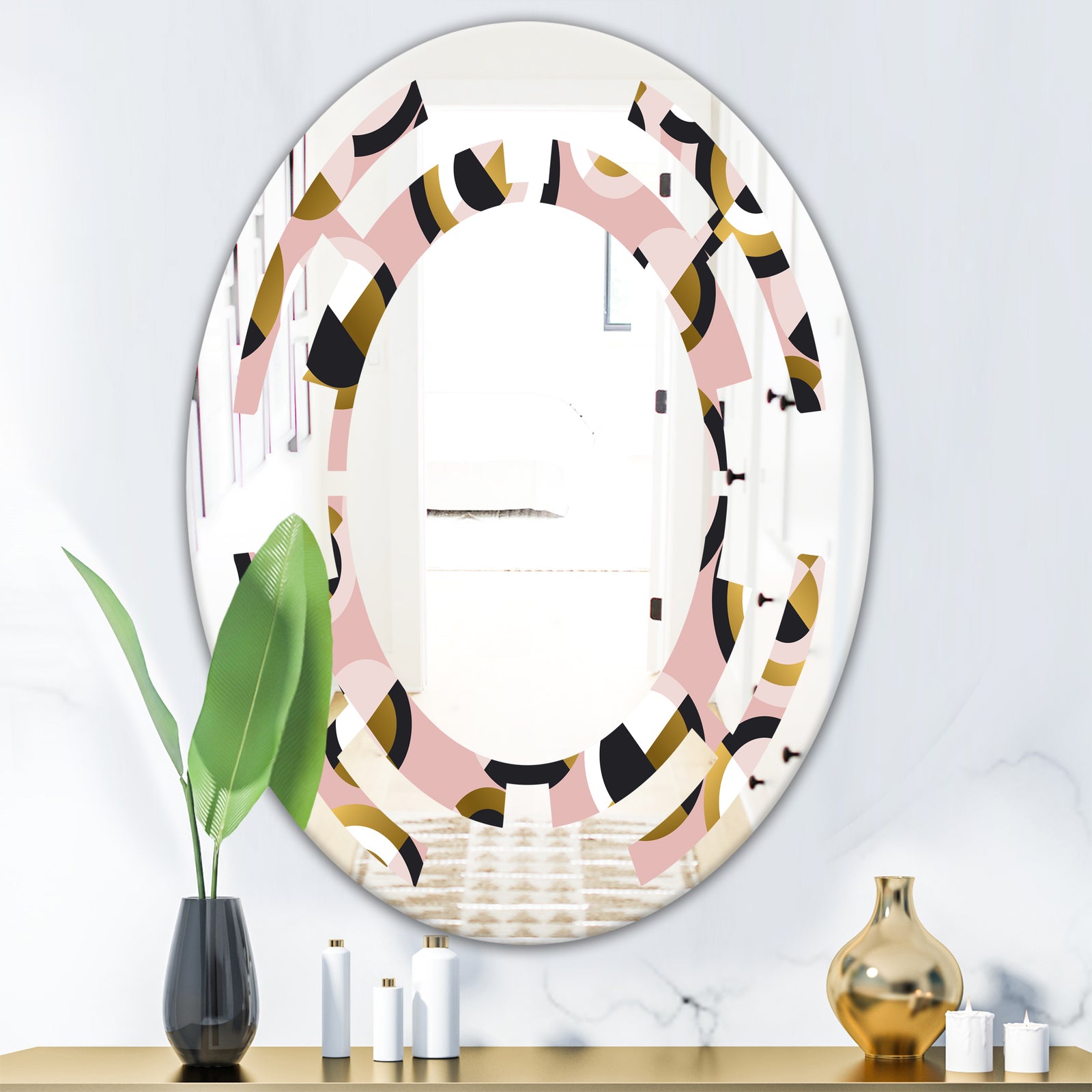 Circular geometric shapes retro pattern - Modern Round or Oval Wall Mirror - Space