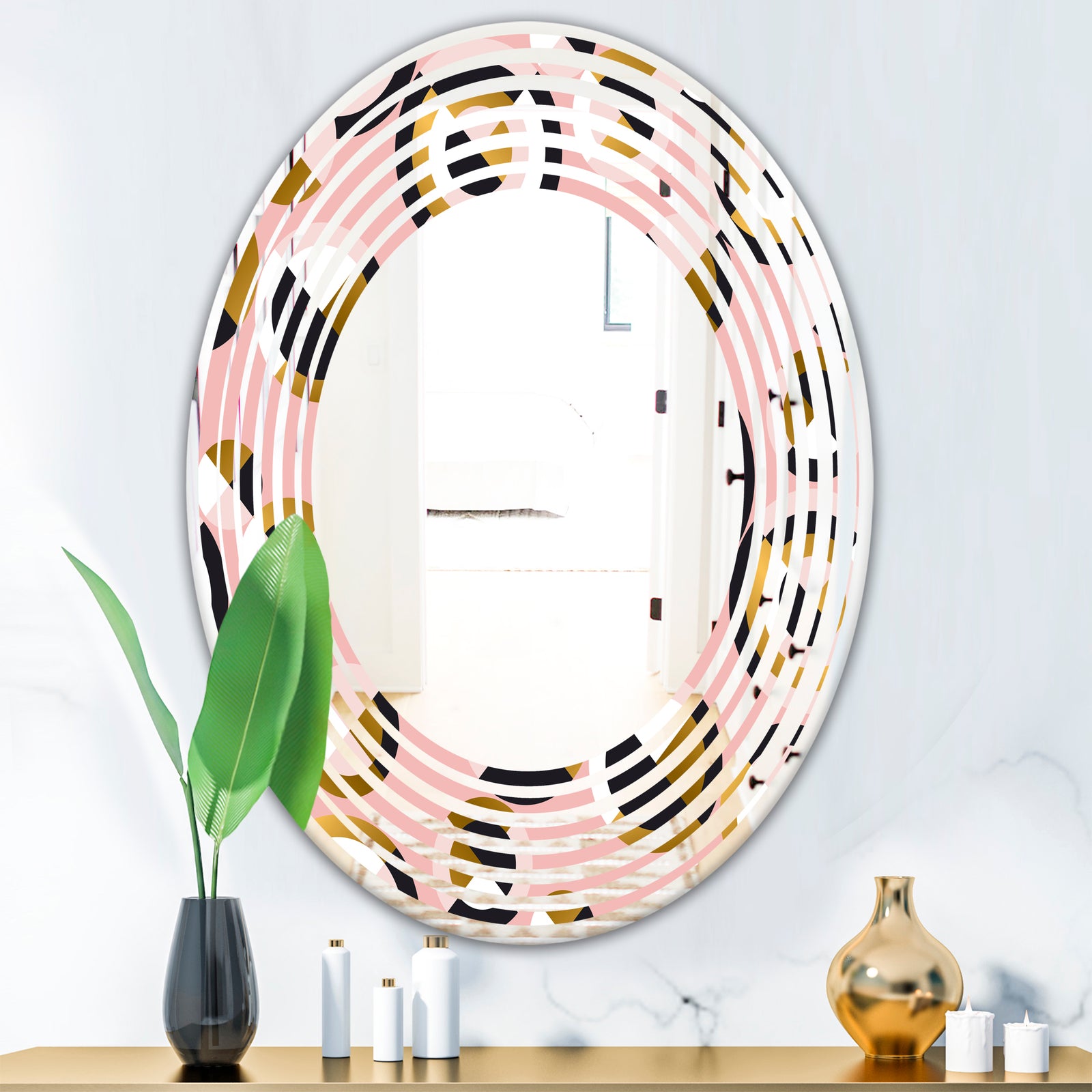 Circular geometric shapes retro pattern - Modern Round or Oval Wall Mirror - Wave
